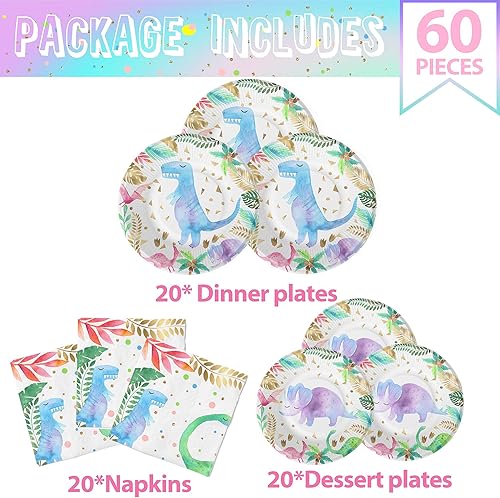 Miniatura 2 de Platos y servilletas de fiesta de dinosaurios para niñas, suministros para fiesta de cumpleaños de dinosaurios rosados (sirve 20)