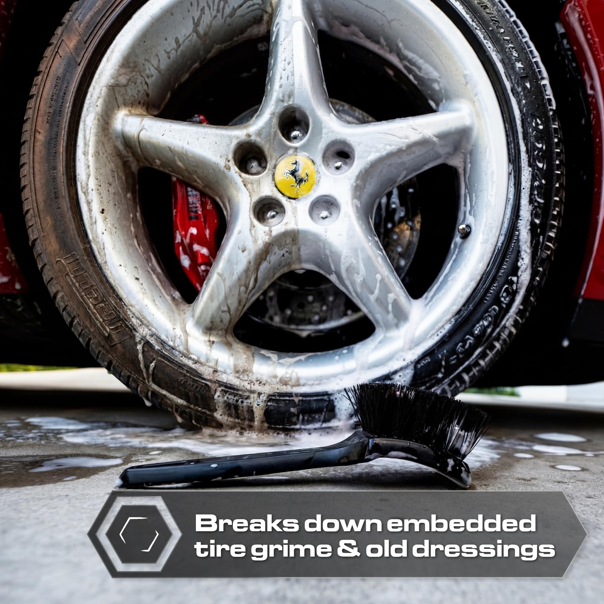 Blackline Cepillo de neumáticos de cerdas rígidas, herramienta de detalles de coche resistente para neumáticos, cepillo de limpieza profunda de alto rendimiento, ideal para eliminar suciedad y