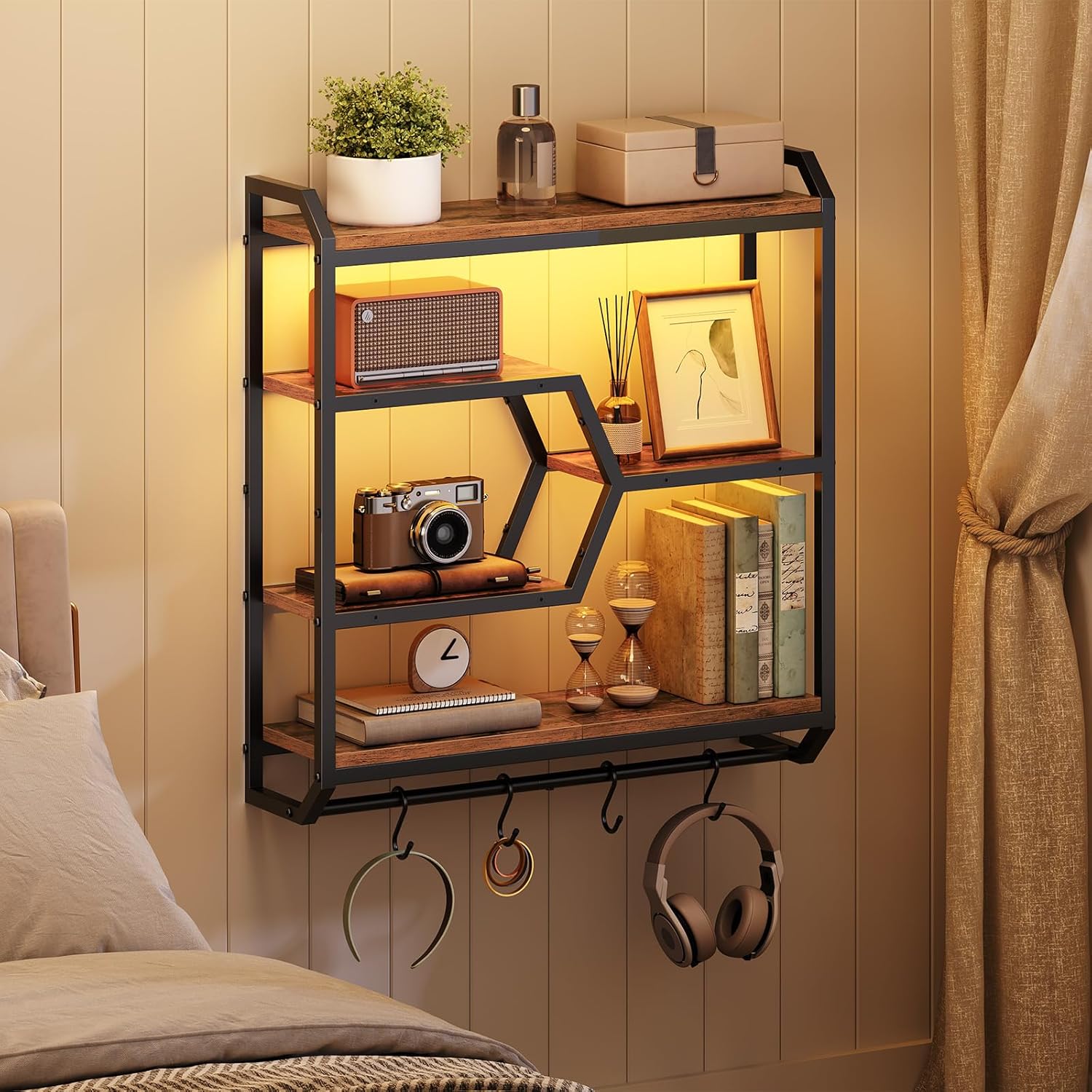 HOOBRO 27.5" Floating Shelf with LED Lights, Gaming LED Wall Mounted Shelf with Hanging Rod & 4 S-Hooks, 4-Tier Hanging Display Rack, for Living Room, Gaming Room, Rustic Brown and Black BF71DBJ01