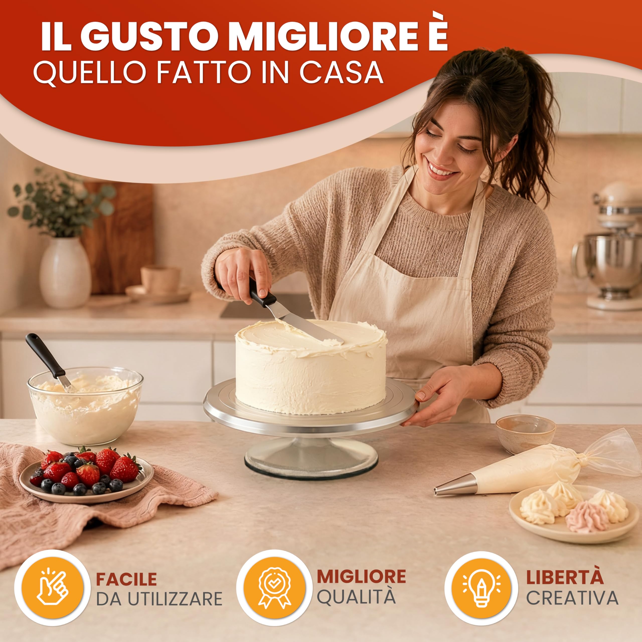 Piatto girevole per torte Set – Giratorta Professionale da 30 cm in alluminio con base antiscivolo incl. 2 palette angolari e 3 spatole da pasticceria in acciaio inossidabile