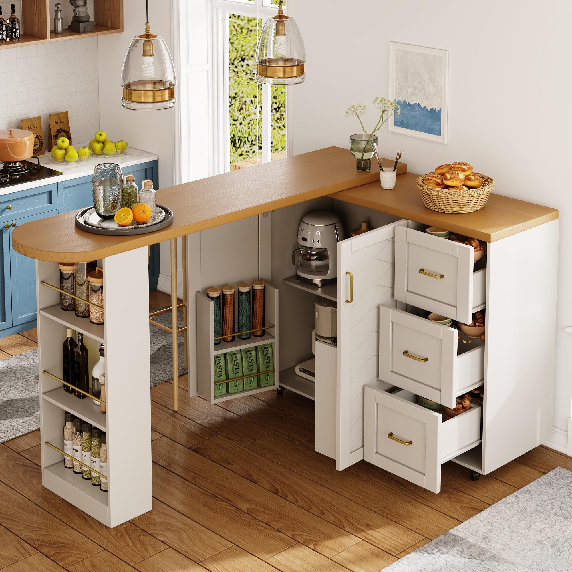 BTM Mobile Kitchen Island with Breakfast Bar, Rollable Kitchen Cabinet Bar Table with Drawers, White Worktop in Wood Look