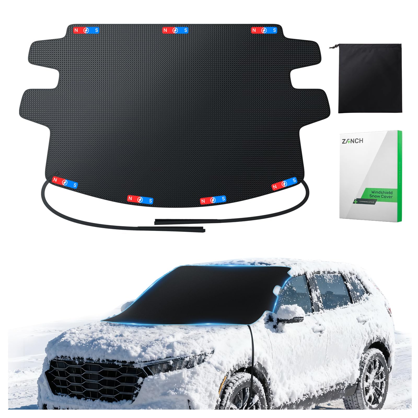 Zanch Upgrade Windshield Cover for Ice & Snow [Fast Install & Removal] 600D Oxford Fabric Against Magnetic Fit Snow, Ice, Frost, Winter Accessories - Fit for Sedan,Small to Mid-Size SUVs - (