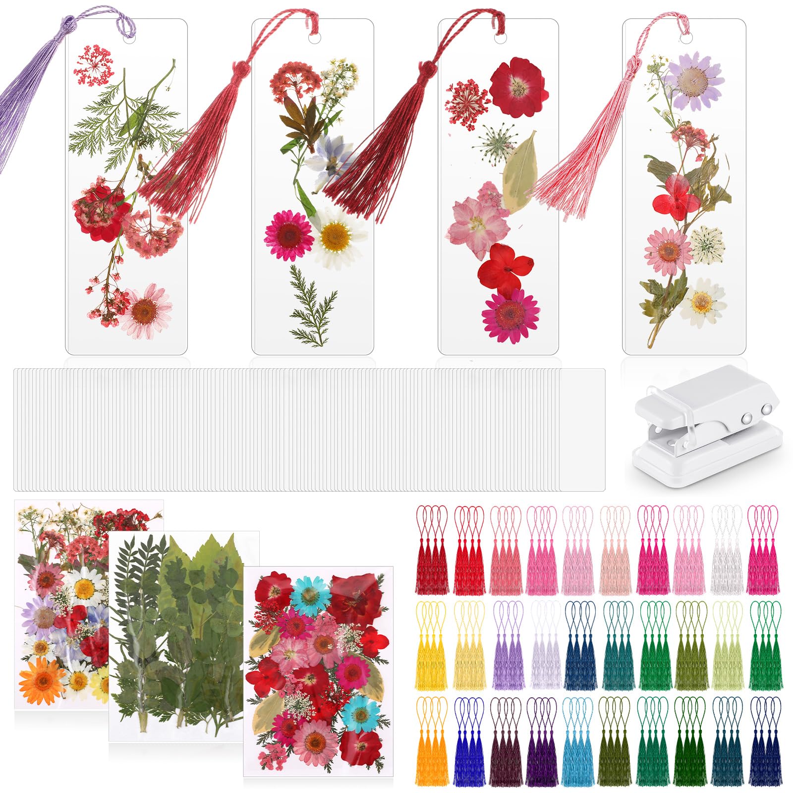 Fuyoooo 376 Pcs Dried Flower Bookmark Making Kit, 150 DIY Bookmark Laminating Pouches with 150 Tassels and Puncher DIY Project Gifts for Mother's Day