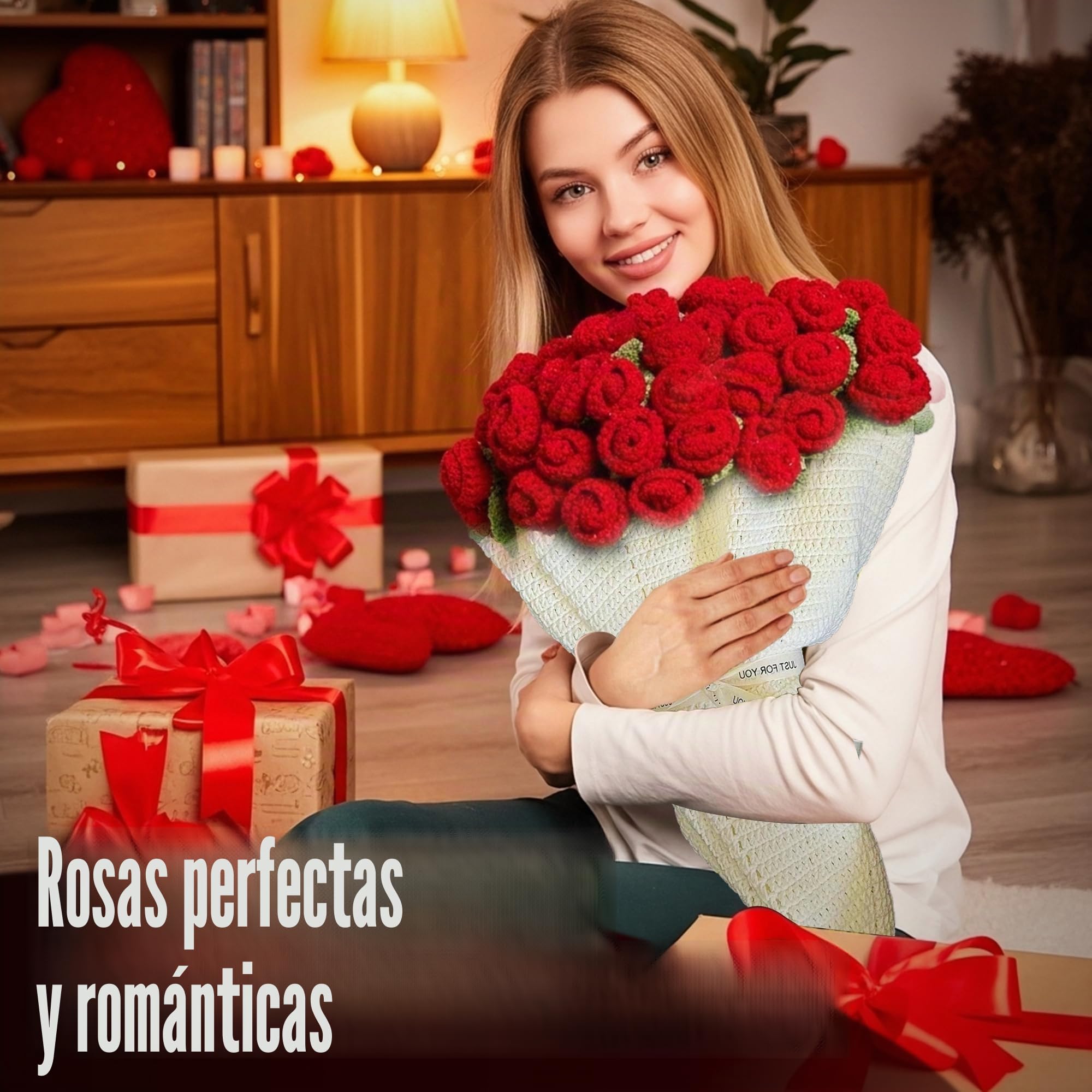 Manta de Ramo de Flores Tejida a Mano, 110cm con 68 Flores Rojas para Regalo de Cumpleaños, Día de la Madre, Día de San Valentín