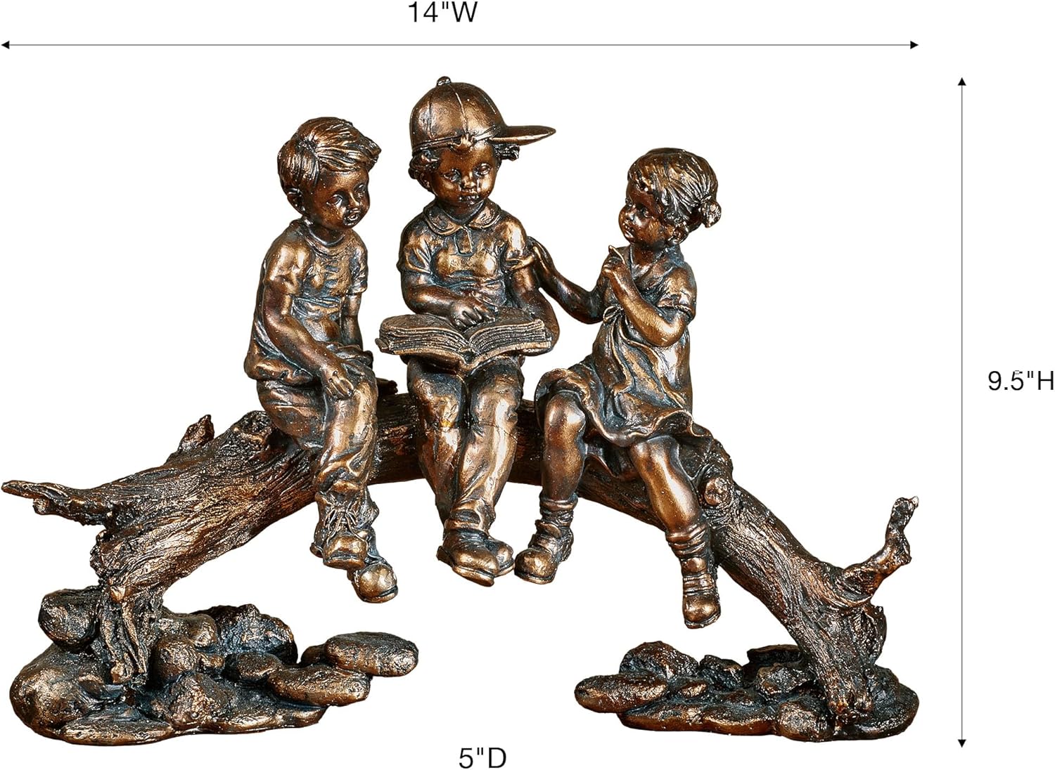 Golden Bronze Children on Log Figurine for Office