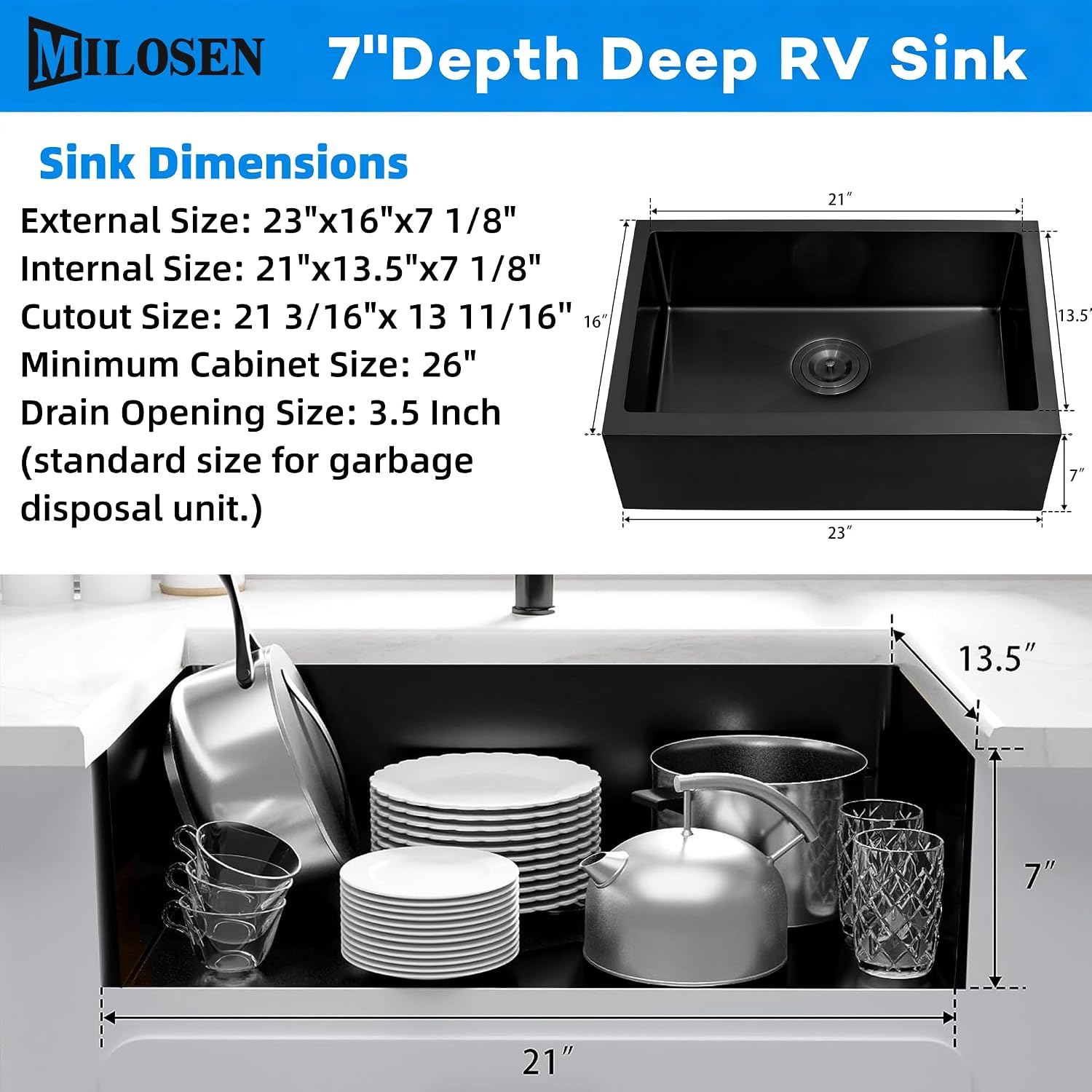 MILOSEN Black RV Kitchen Sink Undermount 23×16×7 Inch, Black Stainless Steel Farmhouse Apron Front Sink, Single Bowl Camper Sink for Outdoor RV Kitchen, Small Deep Utility Sink for Trailer Camper Van