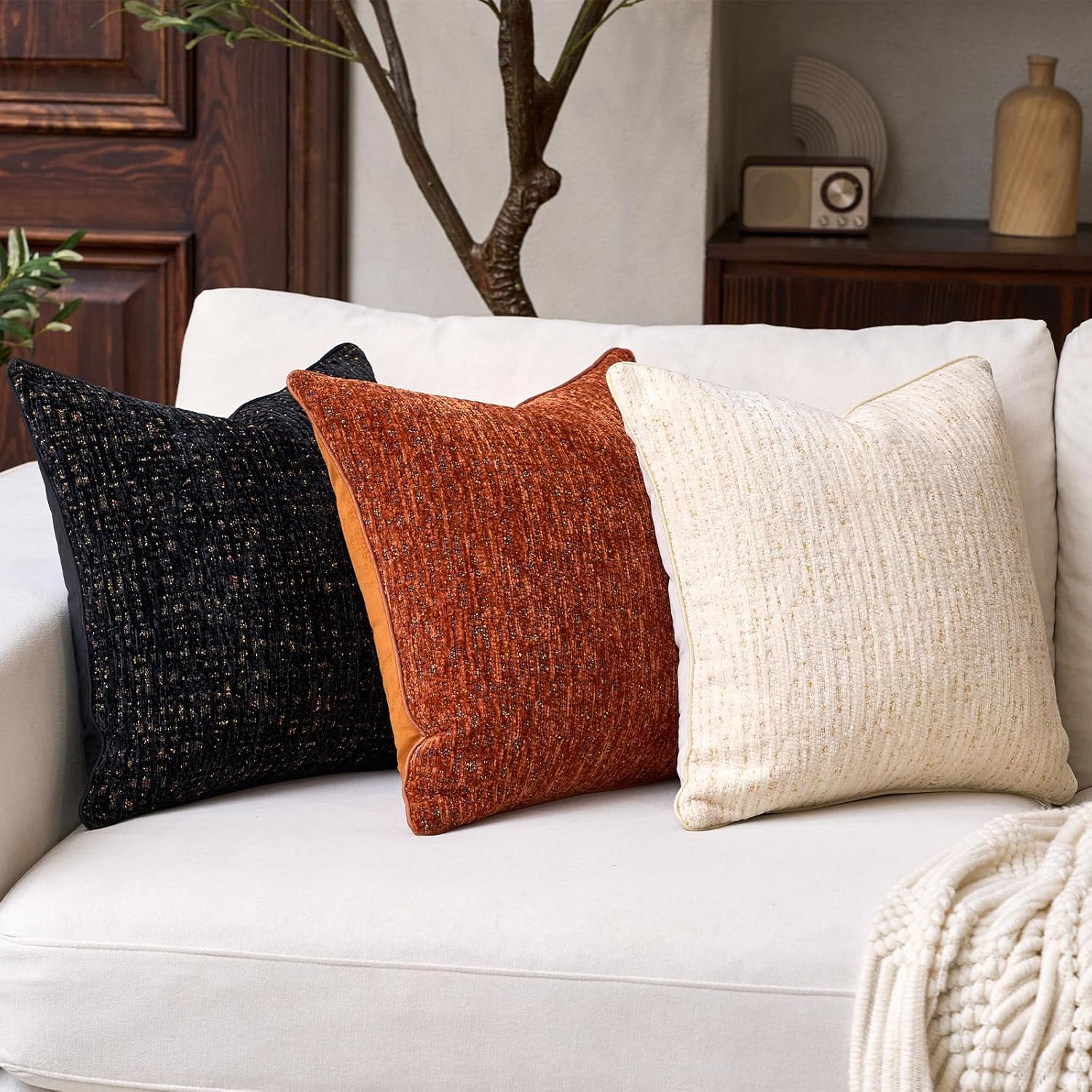 Aeckself Decorative Chenille Striped Throw Pillow Covers Vintage Couch Pillows 18x18 Inch Set of 2 Neutral Boho Farmhouse Cushion Covers Modern Home Decor for Sofa Bed Living Room Black - Image 6