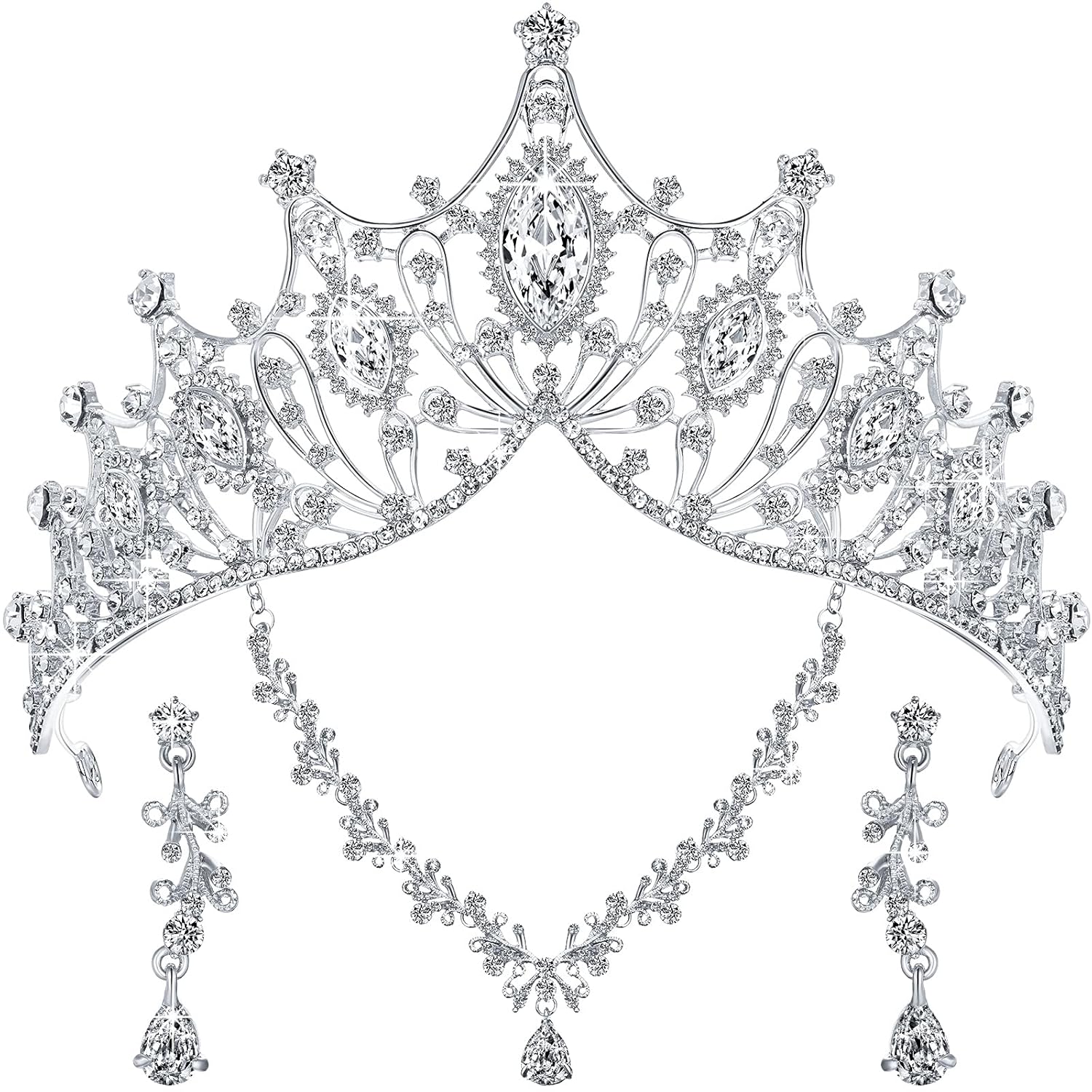3 Pieces Baroque Queen Crown Set, Tiara Earrings Necklace Crystal Headband Tiaras and Crowns for Women Bridal Wedding Jewelry Halloween Prom Birthday Party Hair Costume Accessories (Silver)