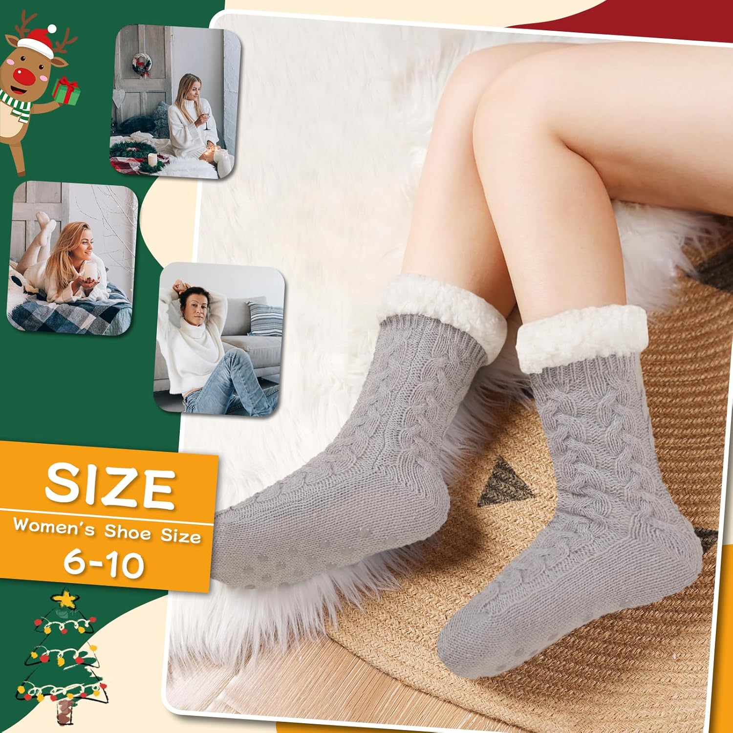 Womens Warm Slipper Socks Winter Knit Fuzzy Cozy Thick Fleece Lined Socks with Grippers Thermal Home Socks - Image 7