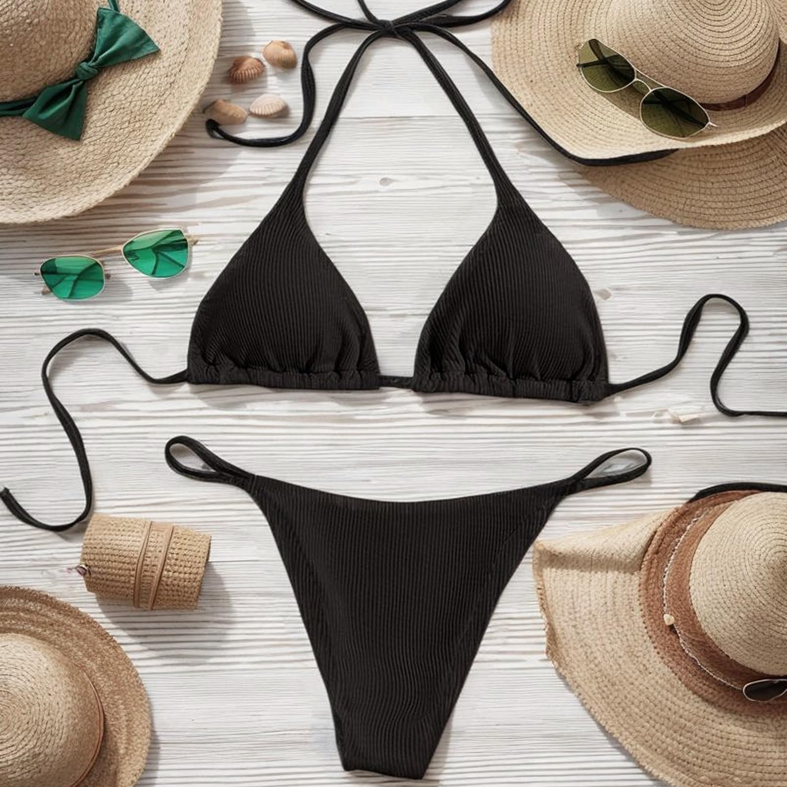 Mujer Bikini Sets Tiras Ajustable Traje Bañador Halter Dos Piezas con Relleno Negro