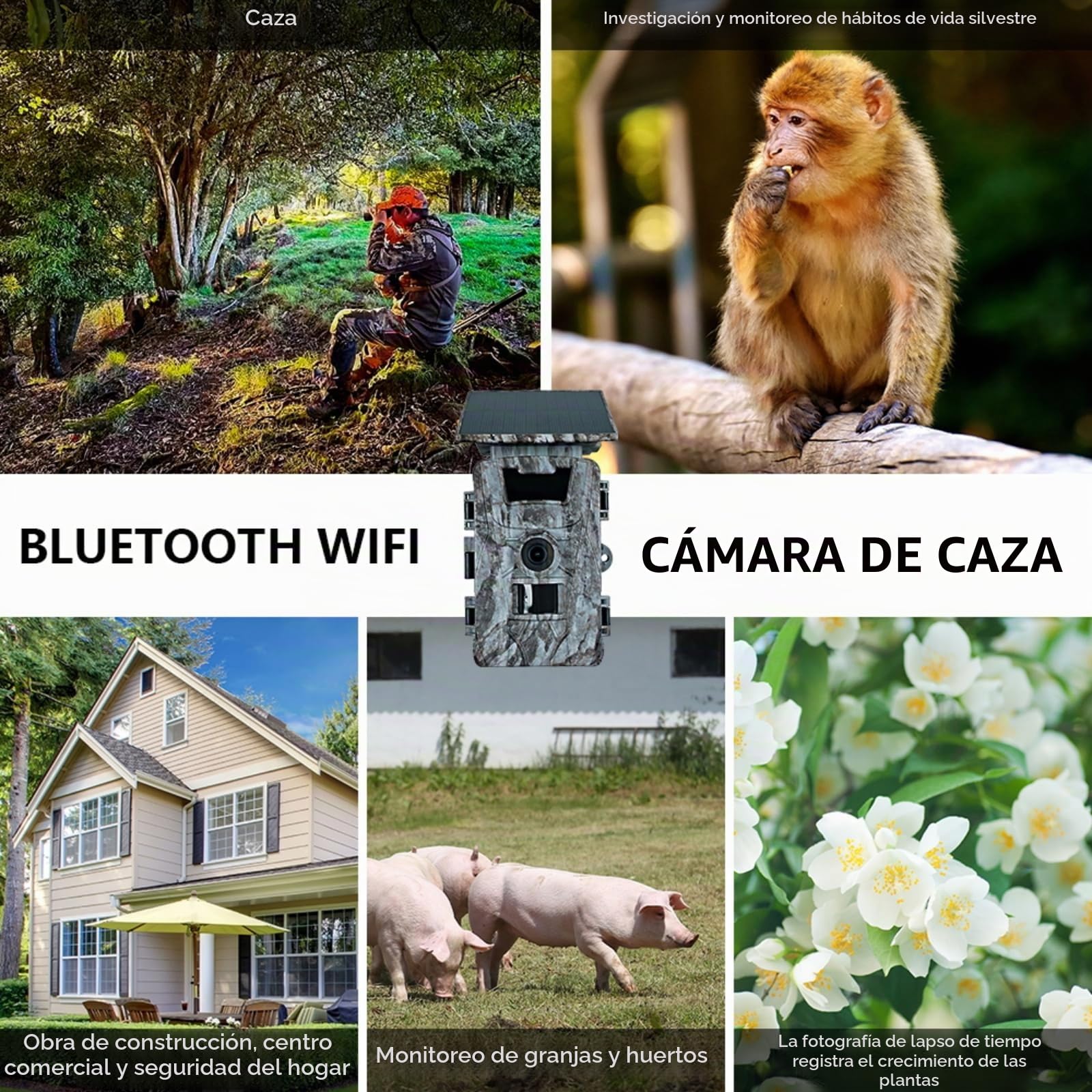 EMEBAY Cámara de Caza Solar Tarjeta SD de 64GB, 4K 60MP WiFi Cámara de Caza | Batería Recargable 5200mAh, Cámara de Fototrampeo con Visión Nocturna Infrarroja, Detección de Movimiento, IP66