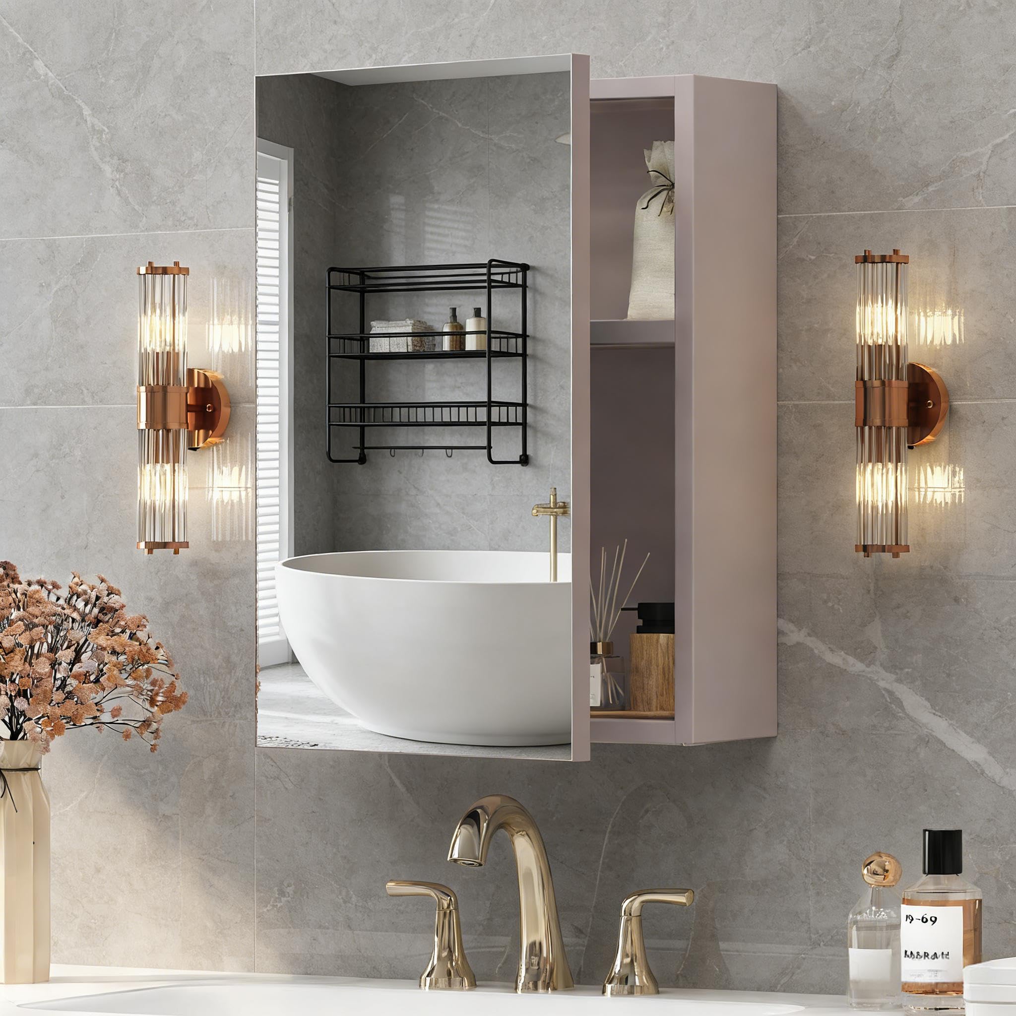 Hikooo 16x22 Cream Bathroom Medicine Cabinet with Mirror, Pre-Assembled Single Door Recessed or Surface Wall Mounted Aluminum Bathroom Medicine