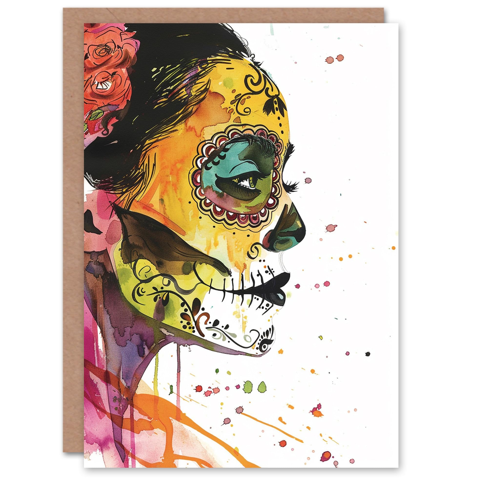 Artery8 Day Of The Dead Skull Face Woman Watercolour For Her Woman Birthday Card