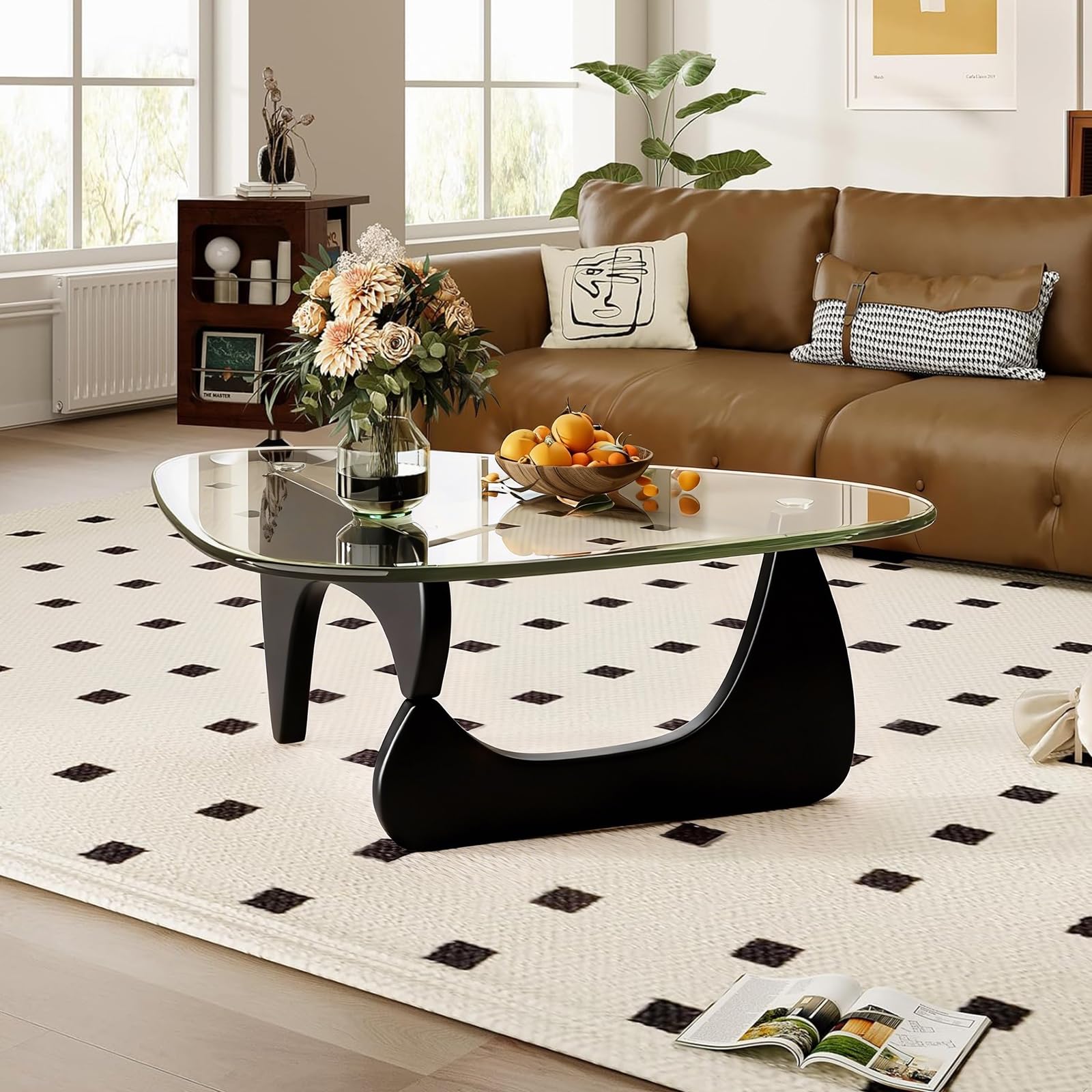 Mid-Century Modern Coffee Table - Triangle Glass Top Natural Wood Base Triangle Coffee Table for Living Room Patio Office Abstract End Tables (Black/