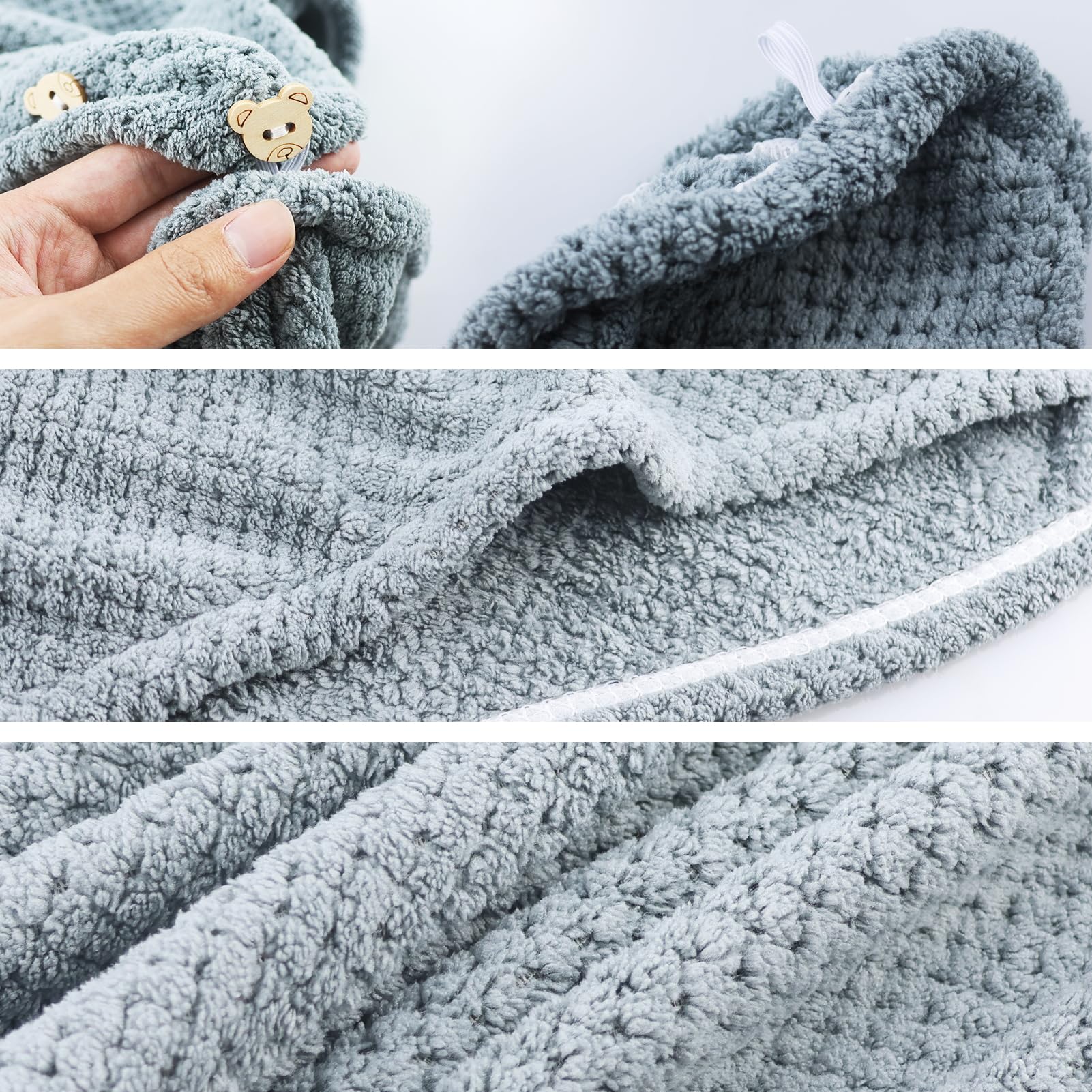 2 asciugamani in microfibra per capelli lunghi e ricci, turbante per capelli, asciugamano turbante con bottoni per asciugatura rapida, super assorbente, anti-crespe, asciugamano da donna, grigio