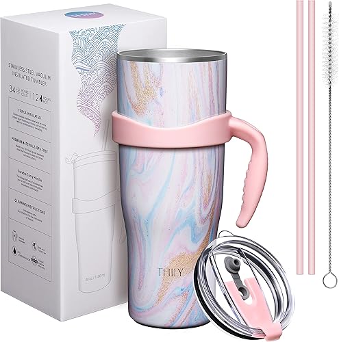 Miniatura 5 de THILY Vaso de acero inoxidable aislado al vacío de 40 onzas, taza de viaje para café con asa y tapa, a prueba de sudor, mantiene las bebidas frías
