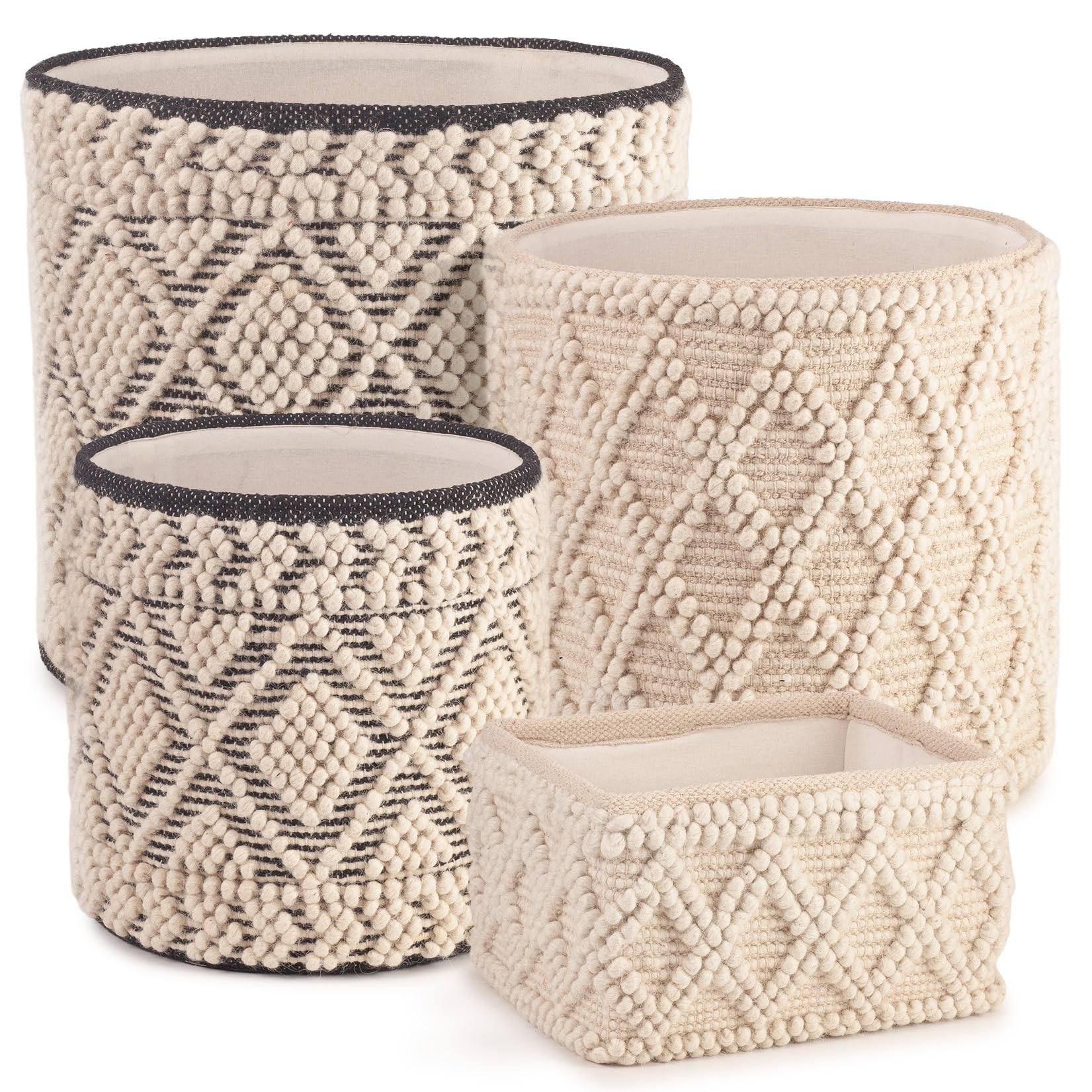 Set of 4 Nestable Lined Laundry Baskets (Small, Medium, Large & XL), Beige/Grey