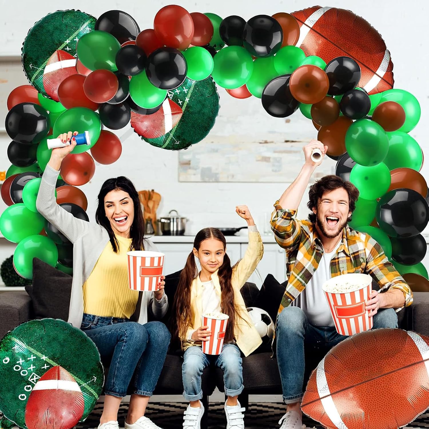 Skylety 97 Pcs Football Balloons Arch Set 6 Football Field Foil Balloons 90 Latex Airballoon and Long Airballoon Strip for Sport Themed Birthday Party Decorations(Black, Green, Brown)