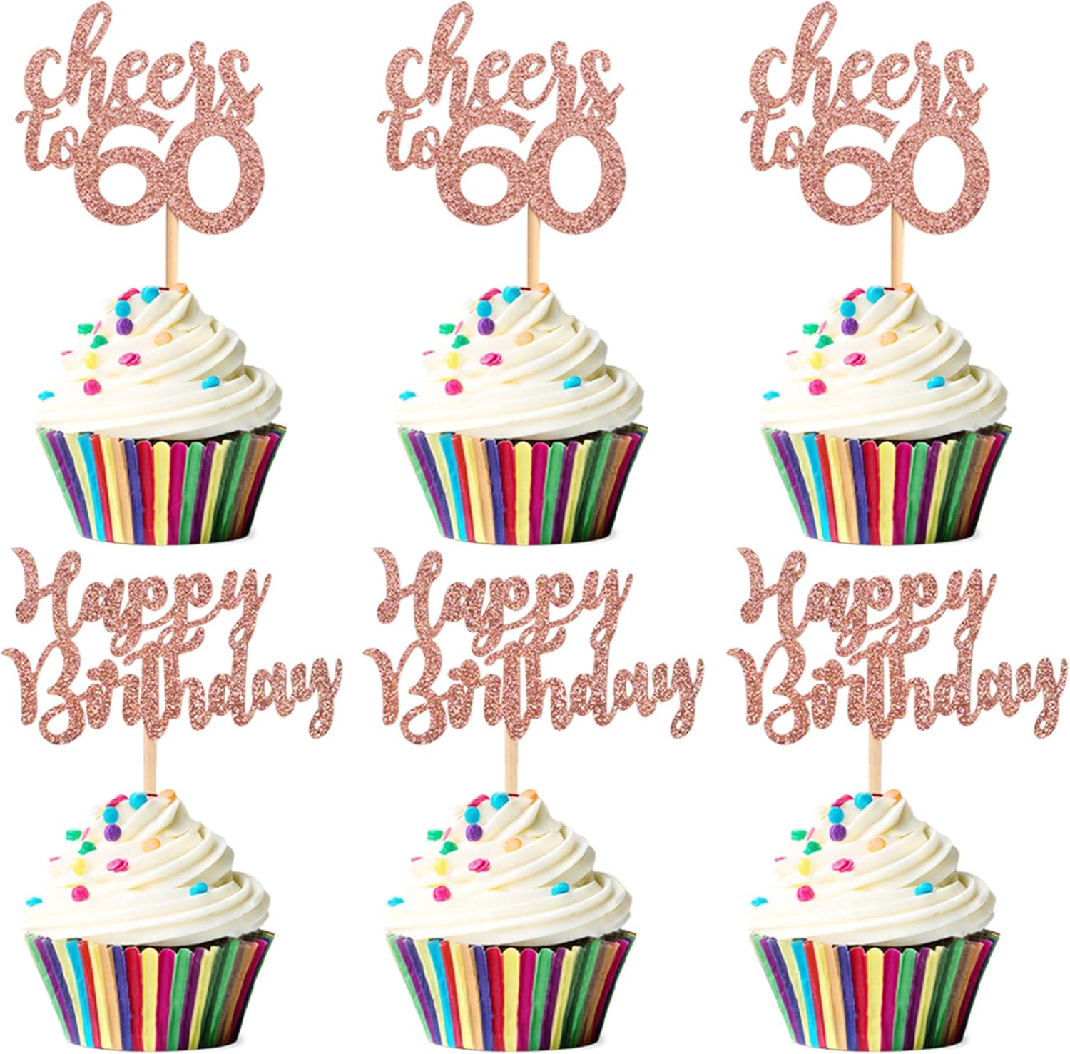 Blumomon 24Pcs Cheers to 60 Cupcake Toppers Rose Gold Glitter Happy