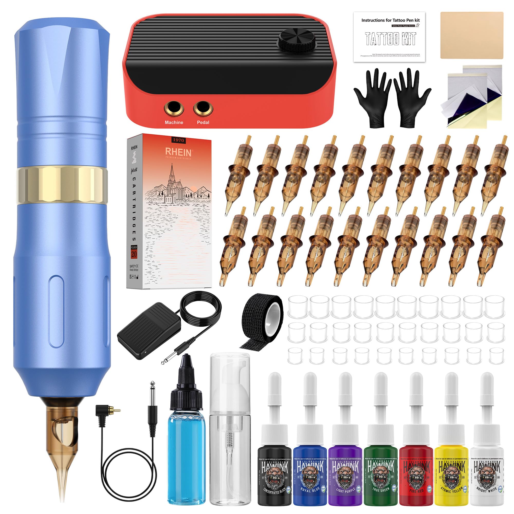HAWINK Tatuaje Máquina Kit Completo con Tattoo Power Supply HW-TK1002-3-EU