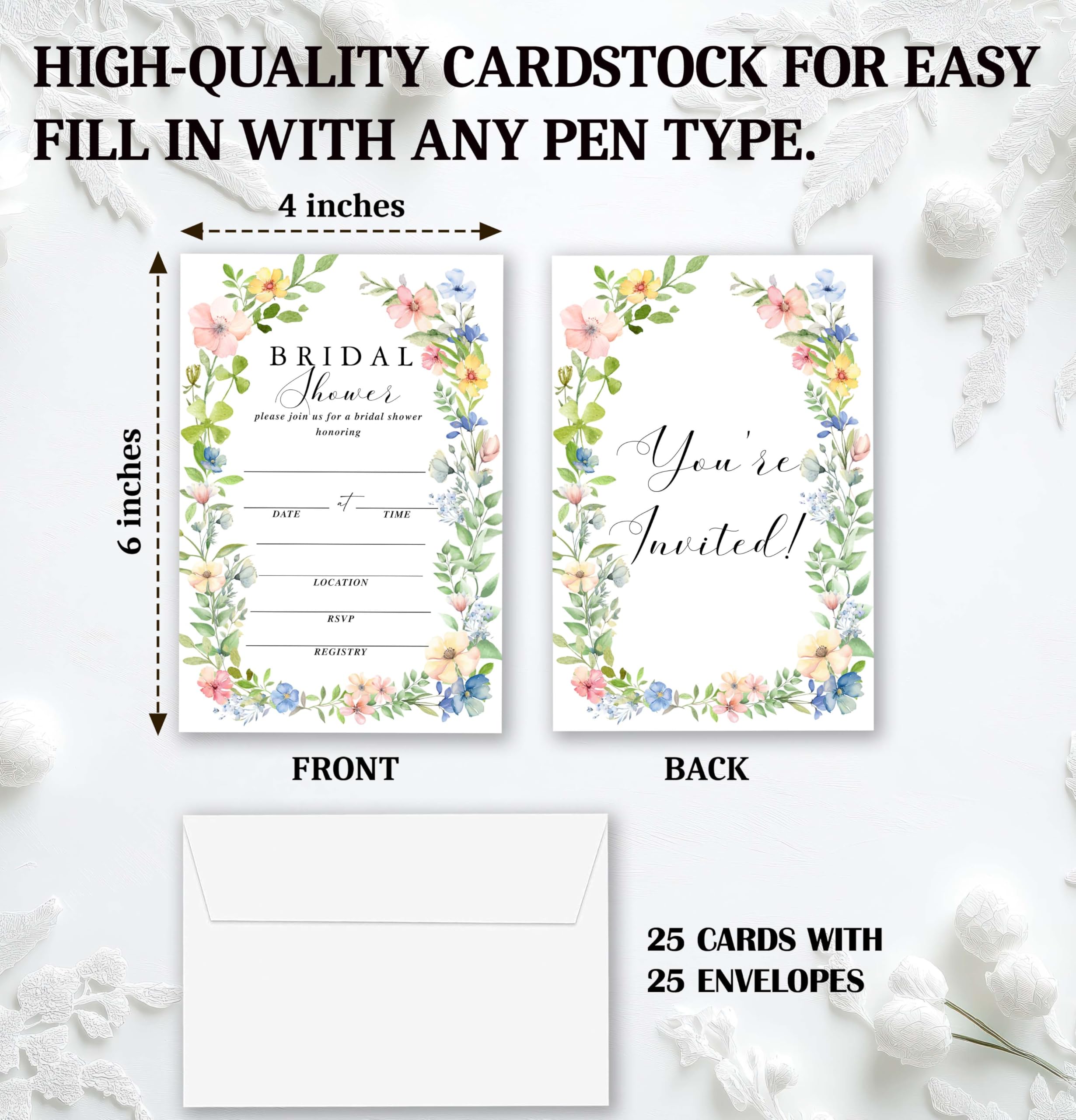 Hochzeitseinladungen für Brautpartys, 25 bunte Sets, Hochzeitseinladungskarten mit Umschlägen, florale Hochzeitseinladungen für Verlobung, Party, Dekorationen (B07)