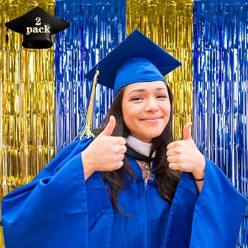 Miniatura 2 de LOLStar Paquete de 2 decoraciones de fiesta de graduación azul y dorado 2024, cortinas de flecos de aluminio de 3.3 x 6.6 pies, telón de fondo de