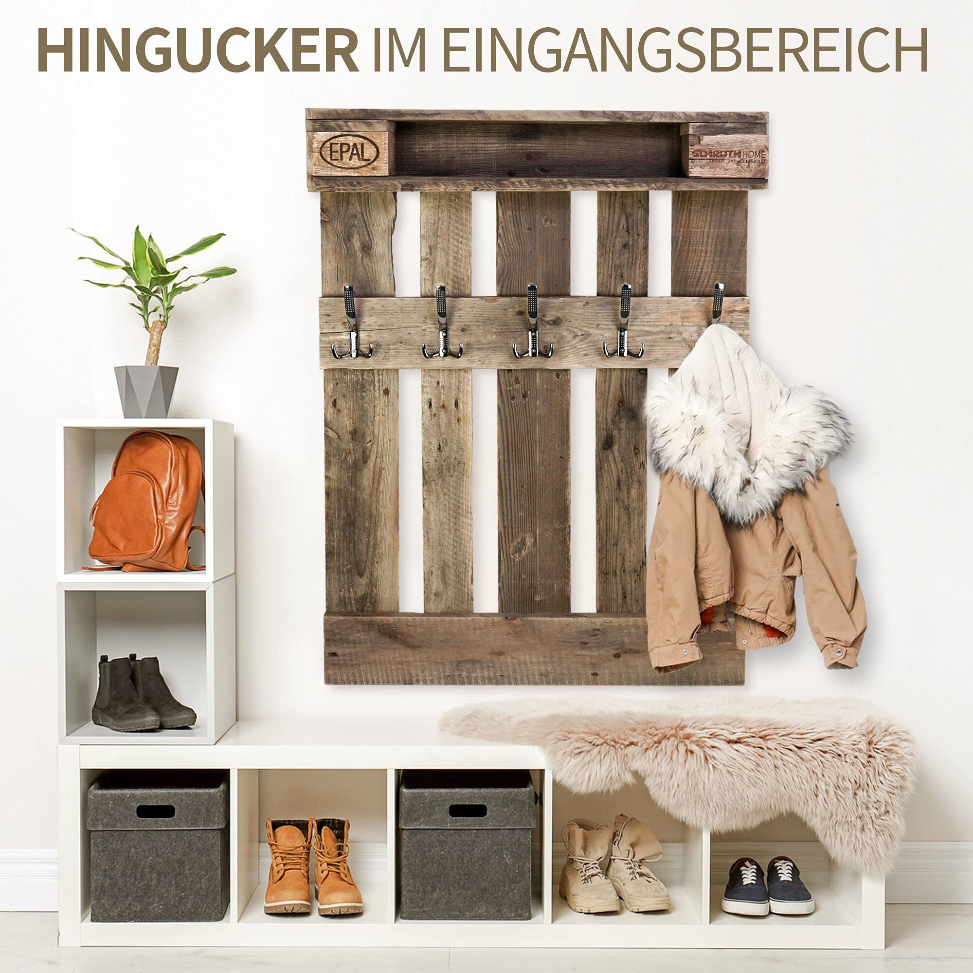 Schroth Home PALrobe Maxi 120 x 80 x 14 cm – Wandgarderobe mit Ablage – Vintage-Garderobe aus Holz – mit Haken