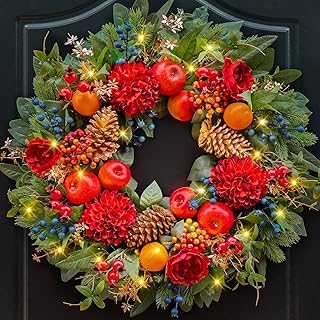 24-Inch Lighted Front Door Christmas Wreath with Red Flowers, Apples & Pine Cones