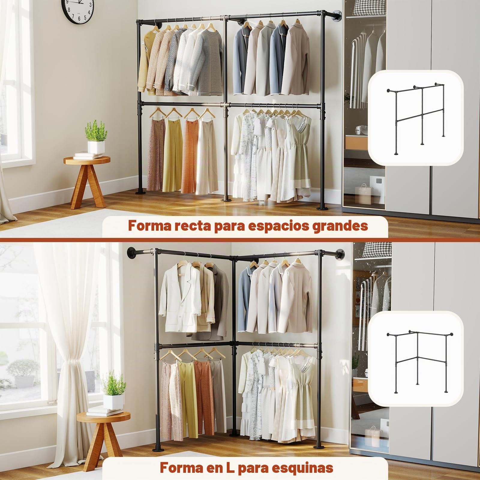 SMONTER Perchero industrial tubular de metal, altura ajustable, para colgar ropa, barra pesada montada en la pared, para armario, dormitorio, 6 rejillas