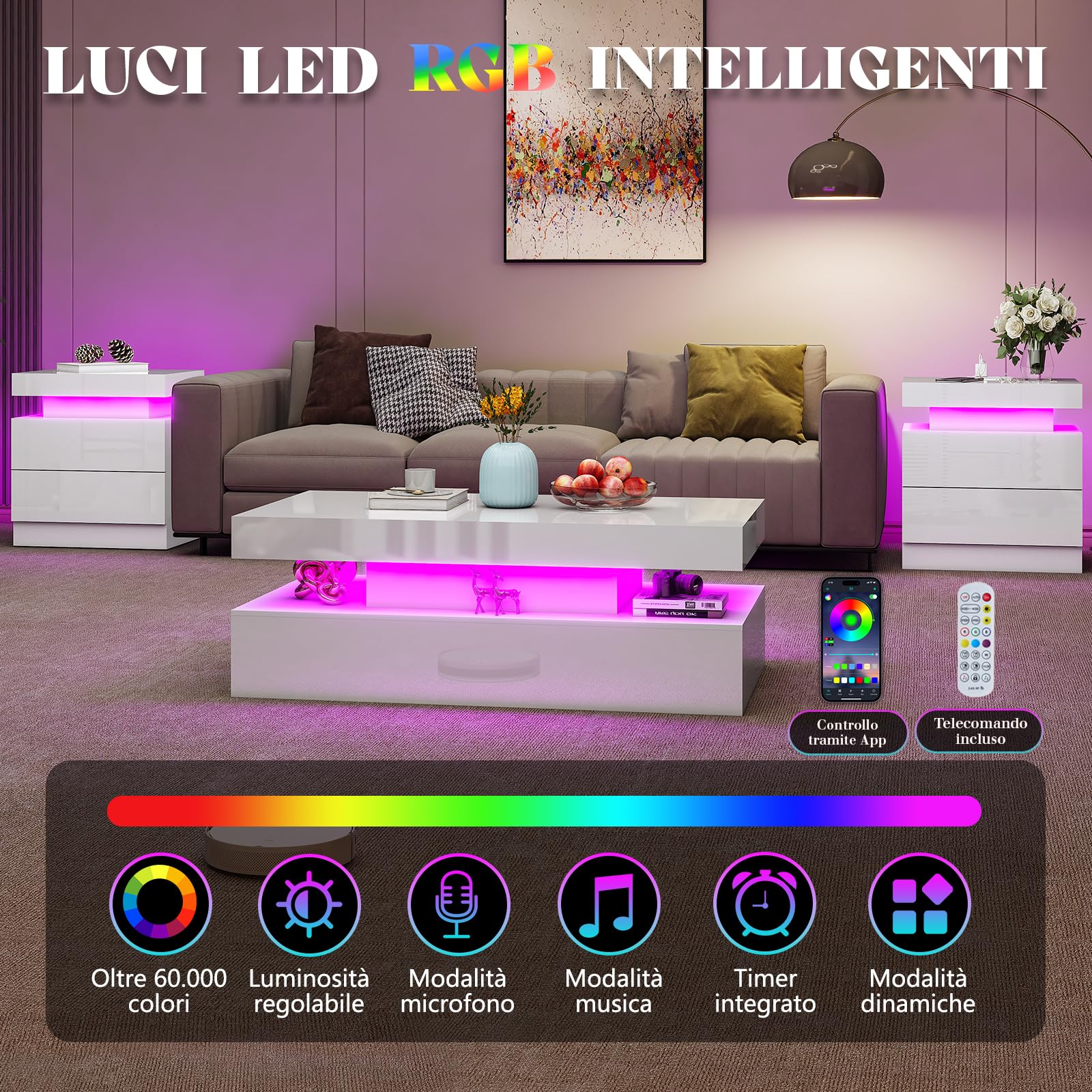 LUXOAK Juego de 2 mesitas de noche brillantes con LED y estación de carga, modernos armarios de noche con 2 cajones, mesa auxiliar blanca para dormitorio y salón, 58 x 40 x 35 cm