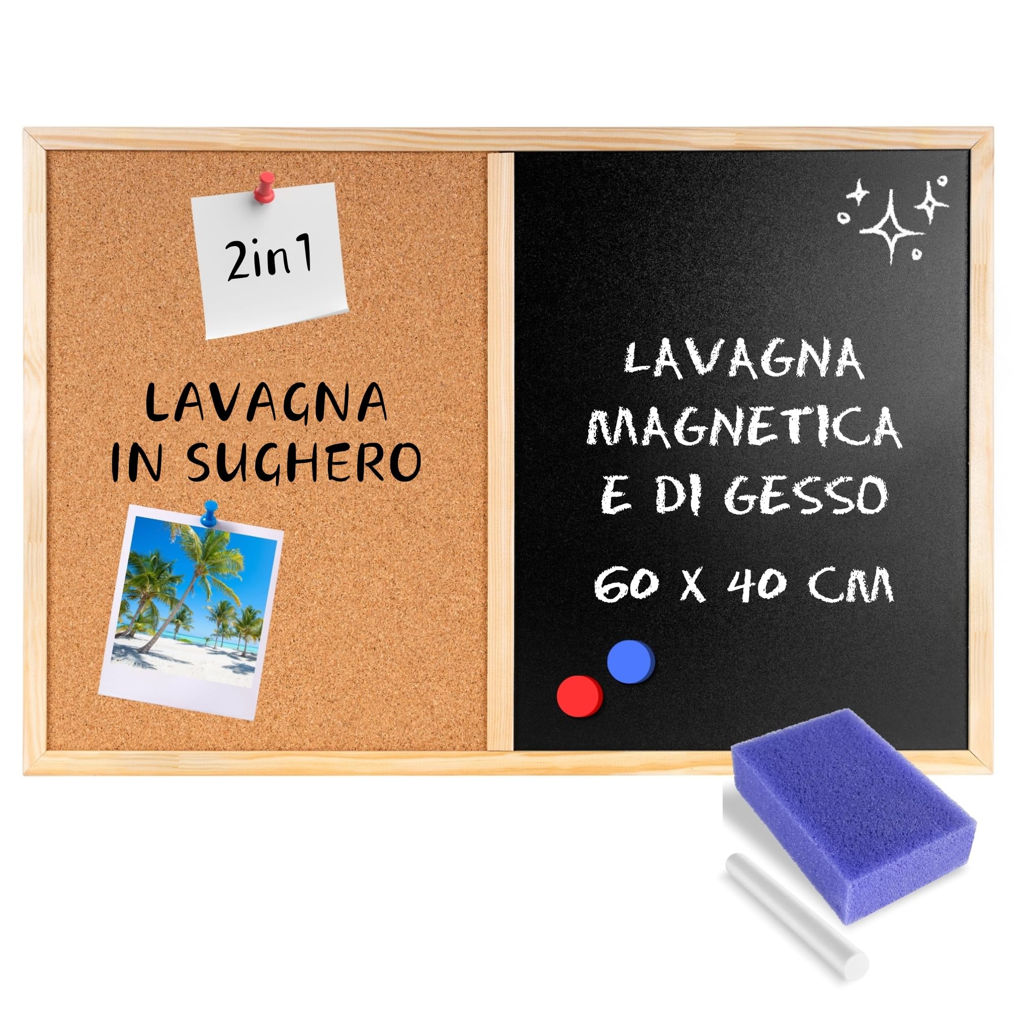 Creative Home Lavagna metà Sughero metà Magnetica 57 x 40 cm, anche Lavagna per Gesso | Cornice in Legno + 5 Magneti, Gesso, Spugna e Puntine | Bacheca Cucina da Parete per Ristorante, Scuola, Casa