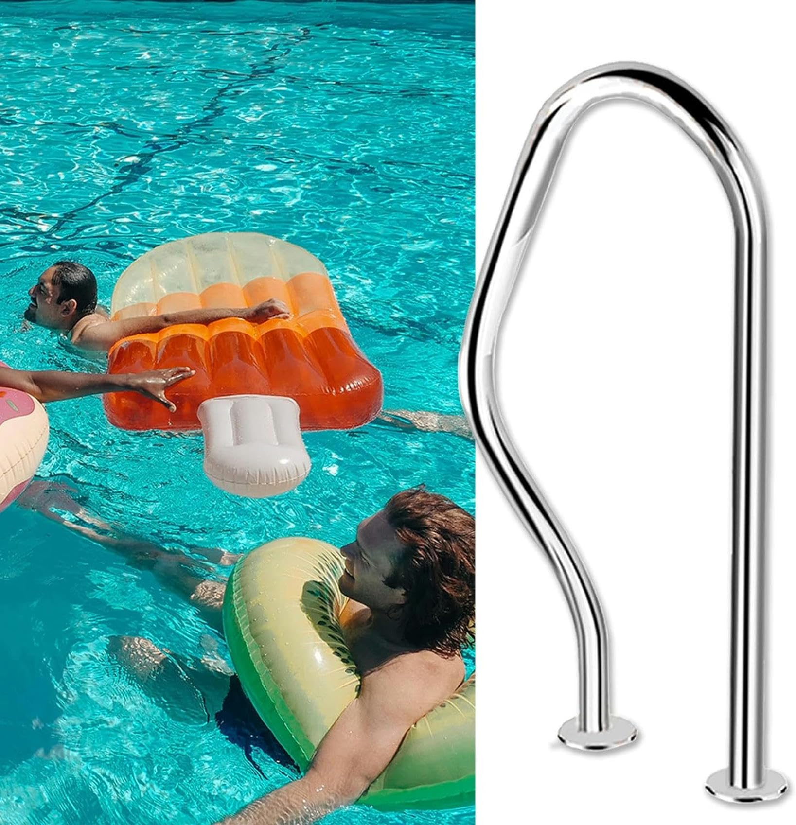 Main courante de piscine 80x47 cm en acier inoxydable argenté à 3 arches
