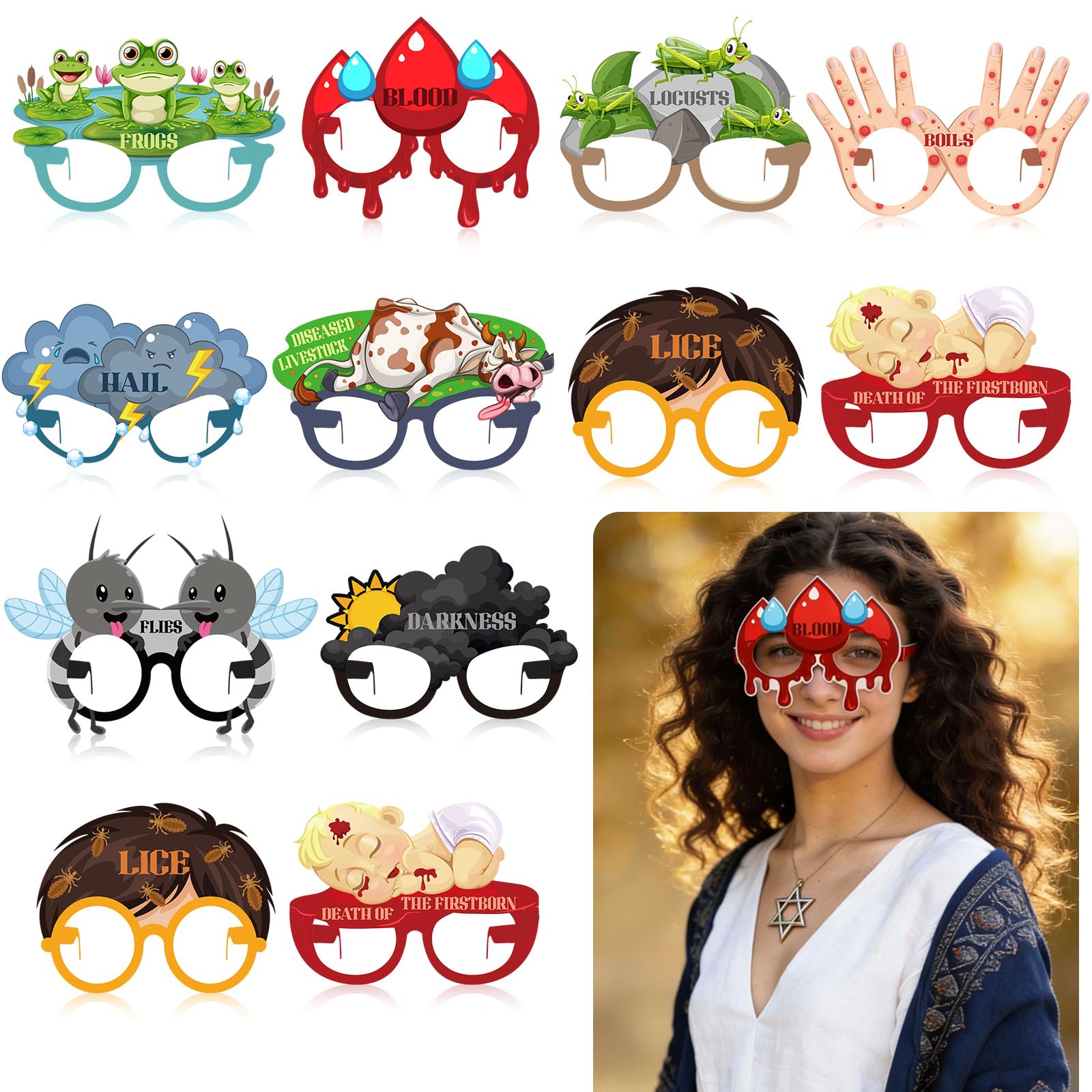 30 Pcs Passover 10 Plagues Glasses for Seder Table Decor, Fun Jewish Holiday Paper Masks Party Favors, Pesach Photo Booth Props, Educational Activity &amp; Decorations for Seder Dinner