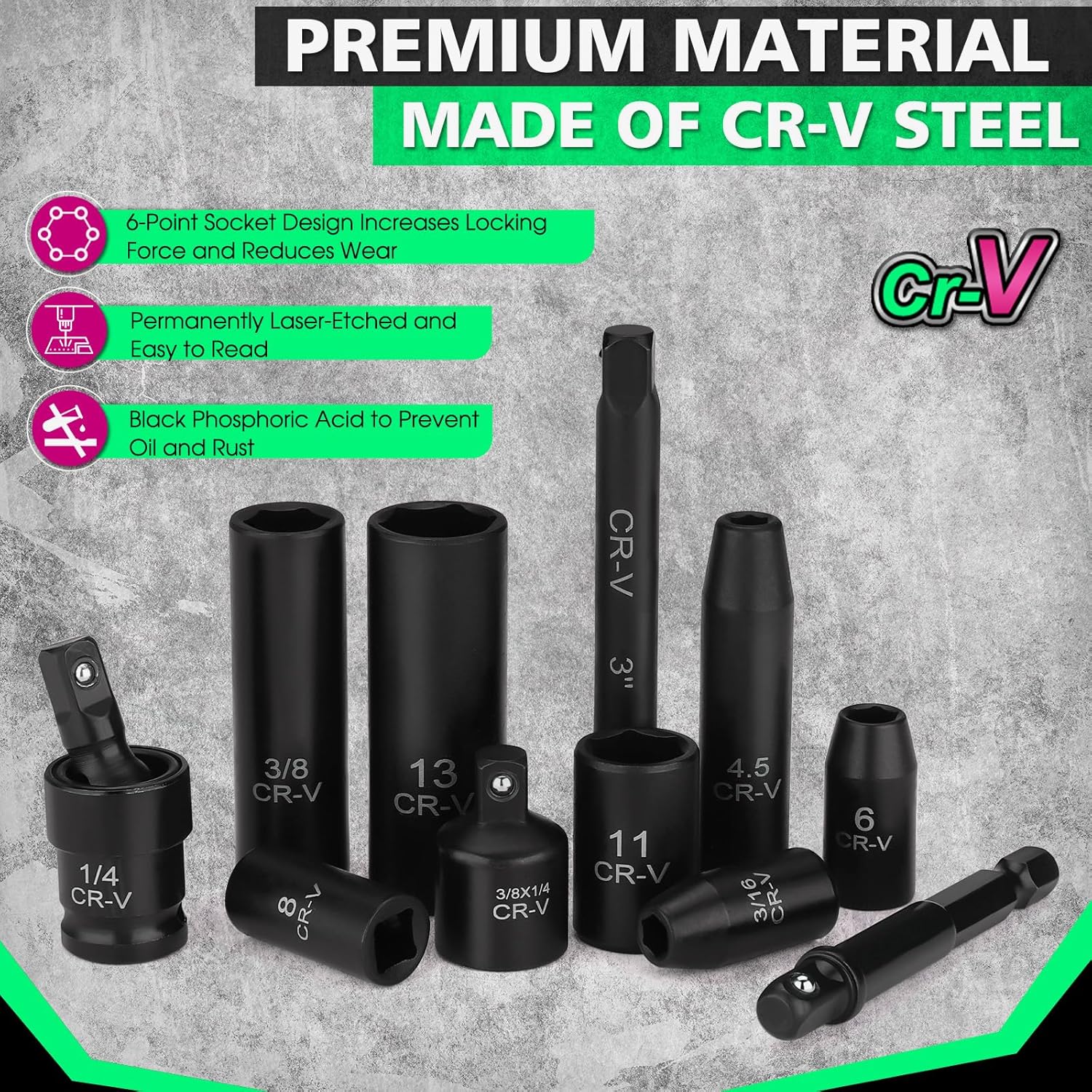 1/4" Drive Impact 56-Piece Socket Set, Standard SAE (5/32 to 9/16 inch) & Metric (4-15mm), 6 Points, CR-V, 1/4-Inch Drive Ratchet Handle, Drive Extension Bar & Impact Universal Joint with Case