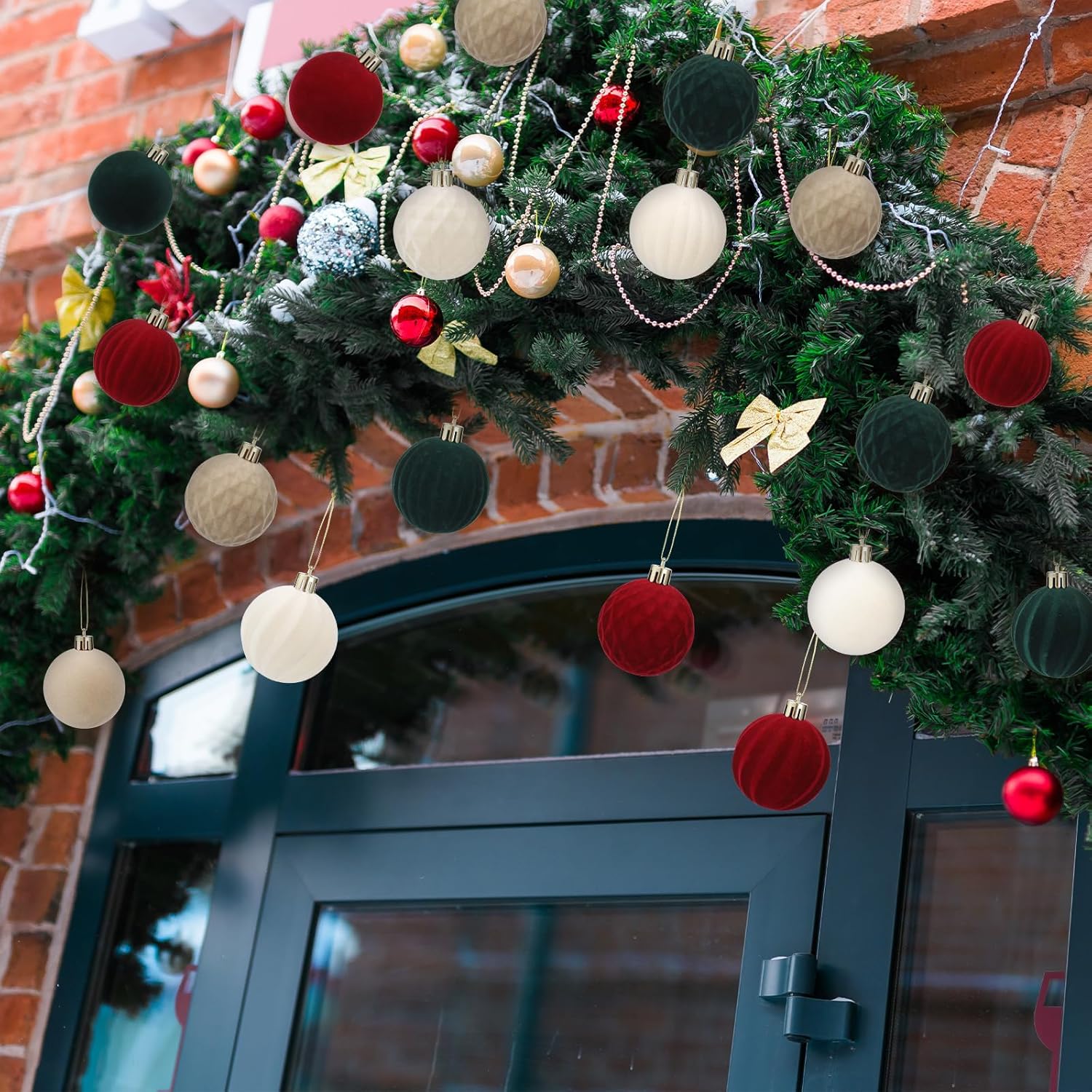 32 Pcs Velvet Christmas Balls Bulk 2.36 Inch Flocked Christmas Tree Ball Ornament Plastic Decorative Hanging Ornament Xmas Bulb Decorations Xmas Tree Decor for Holiday (Red Green)