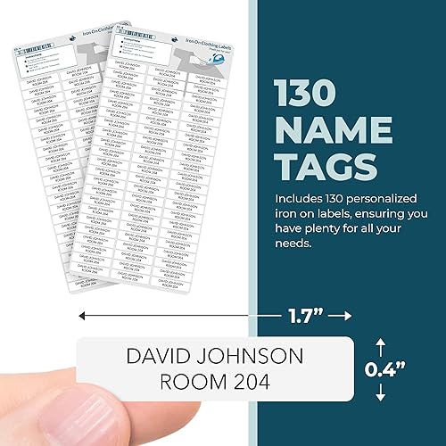 Miniatura 3 de Etiquetas de nombre personalizables para planchar (130 etiquetas), etiquetas de nombre lavables personalizadas para la ropa, etiquetas