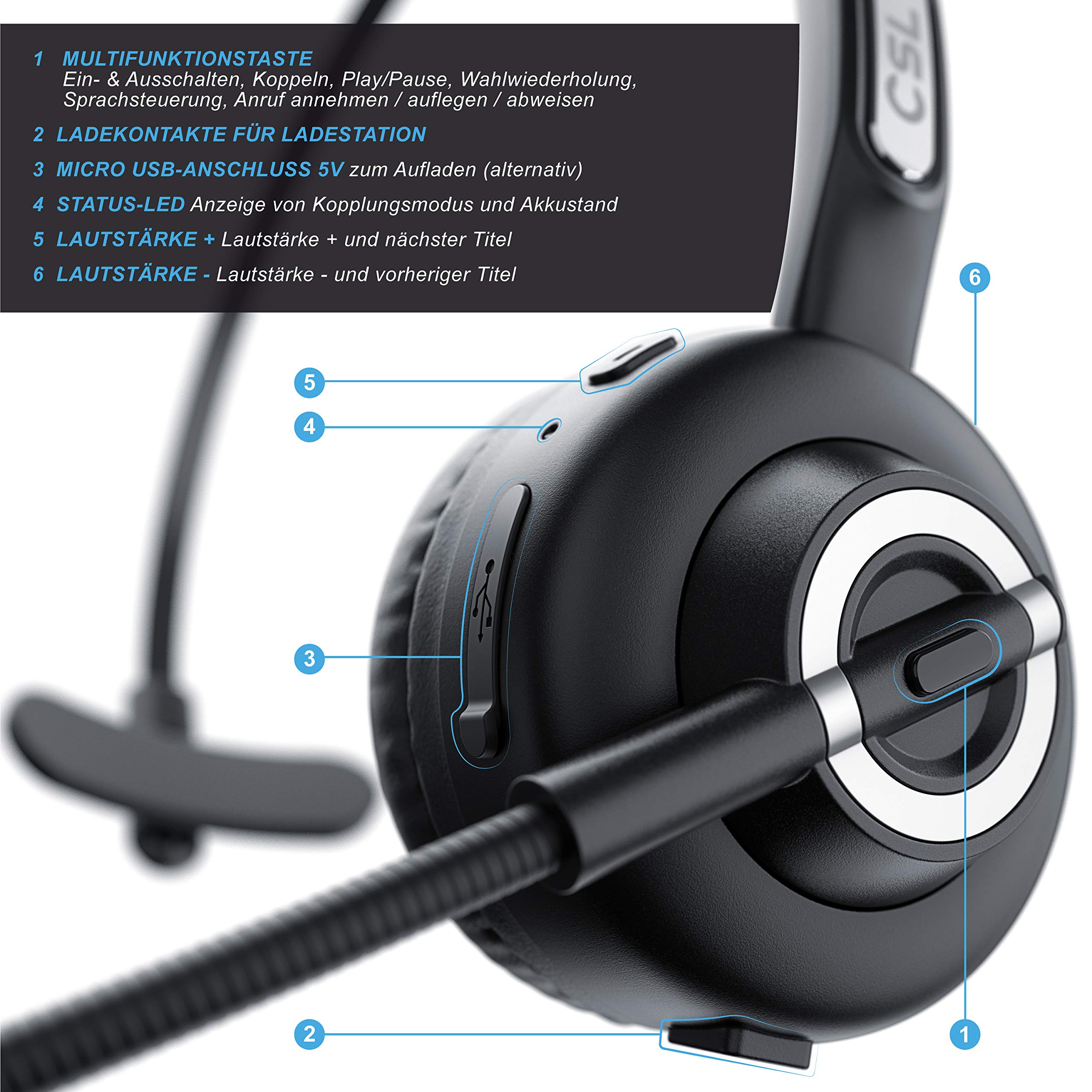 CSL - kabelloses Headset mit Ladestation - Mono Bluetooth Headset mit Mikrofon - USB Ladeport - Multipoint, Rauschunterdrückung - leicht - freisprechen - PC Tablet Smartphone - Home Office Büro