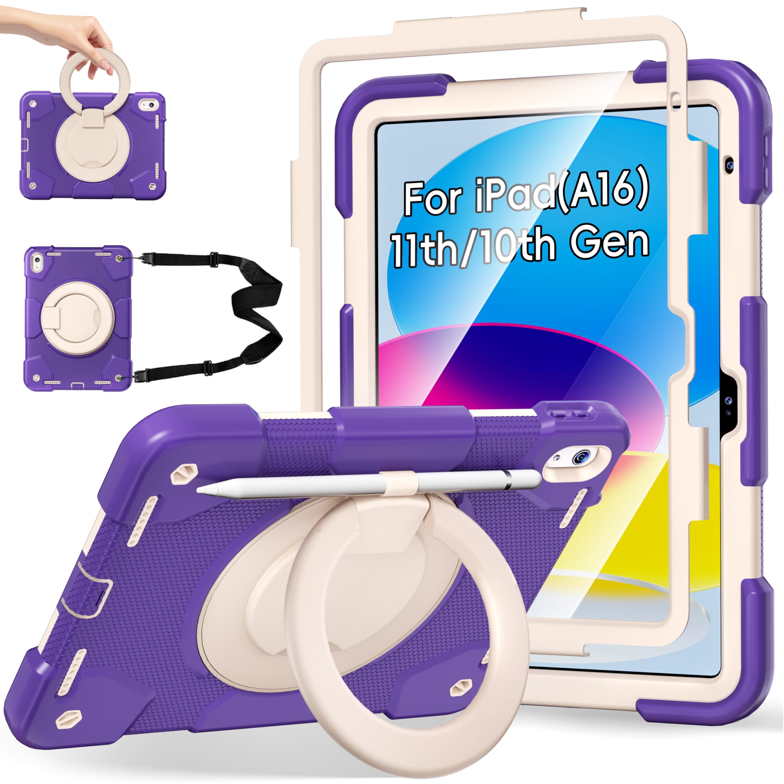 Andnary Case for iPad (A16) 11th /10th Generation 11/10.9 Inch 2025/2022 with Screen Protector/360° Rotate Stand/Shoulder Strap/Pencil Holder,