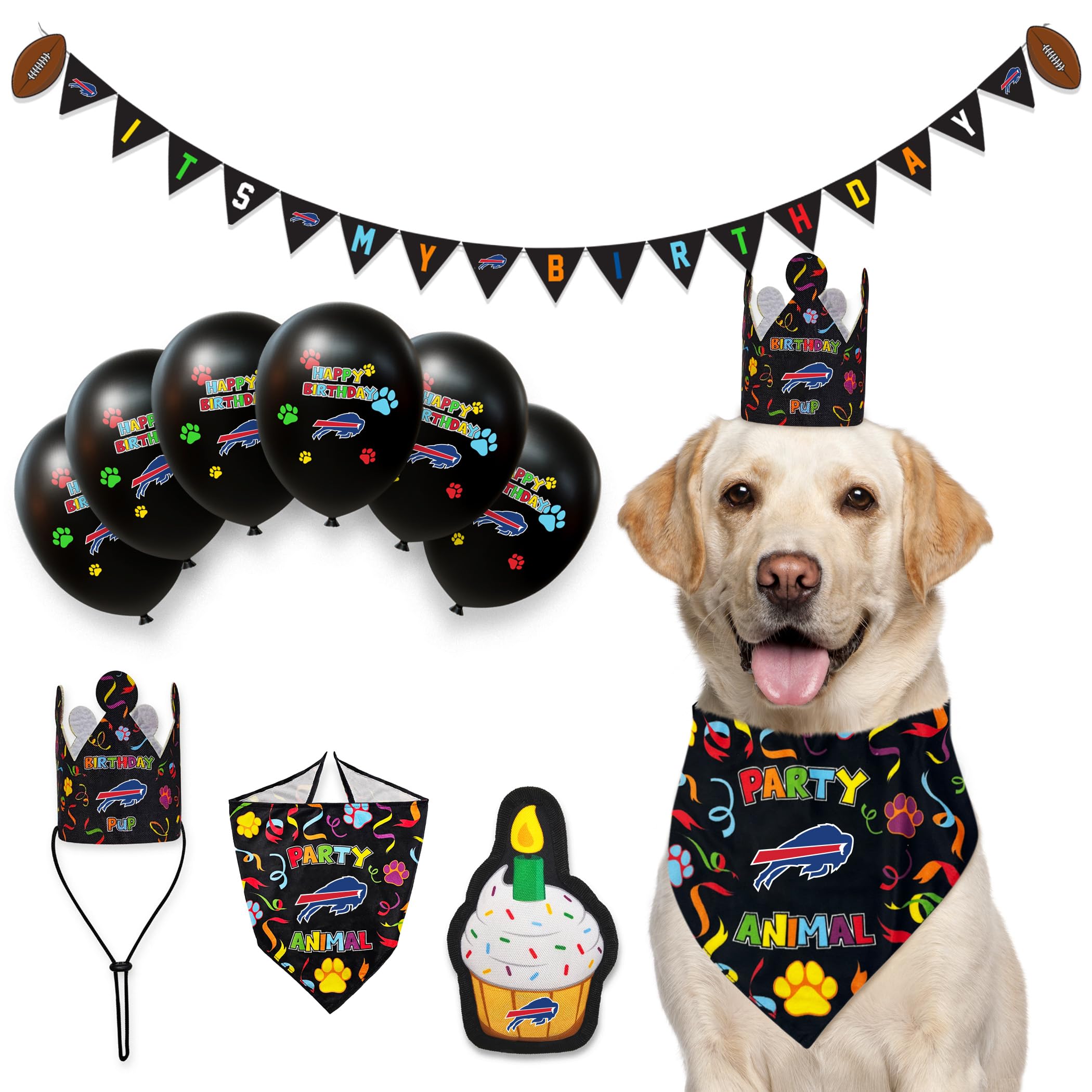 NFL Buffalo Bills Dog Birthday Party Set 10pcs with 1 Football Bandana Large/X-Large, 1 Crown Hat, 1 Banner, 1 Birthday Cake Toy & 6 B-Day Balloons,