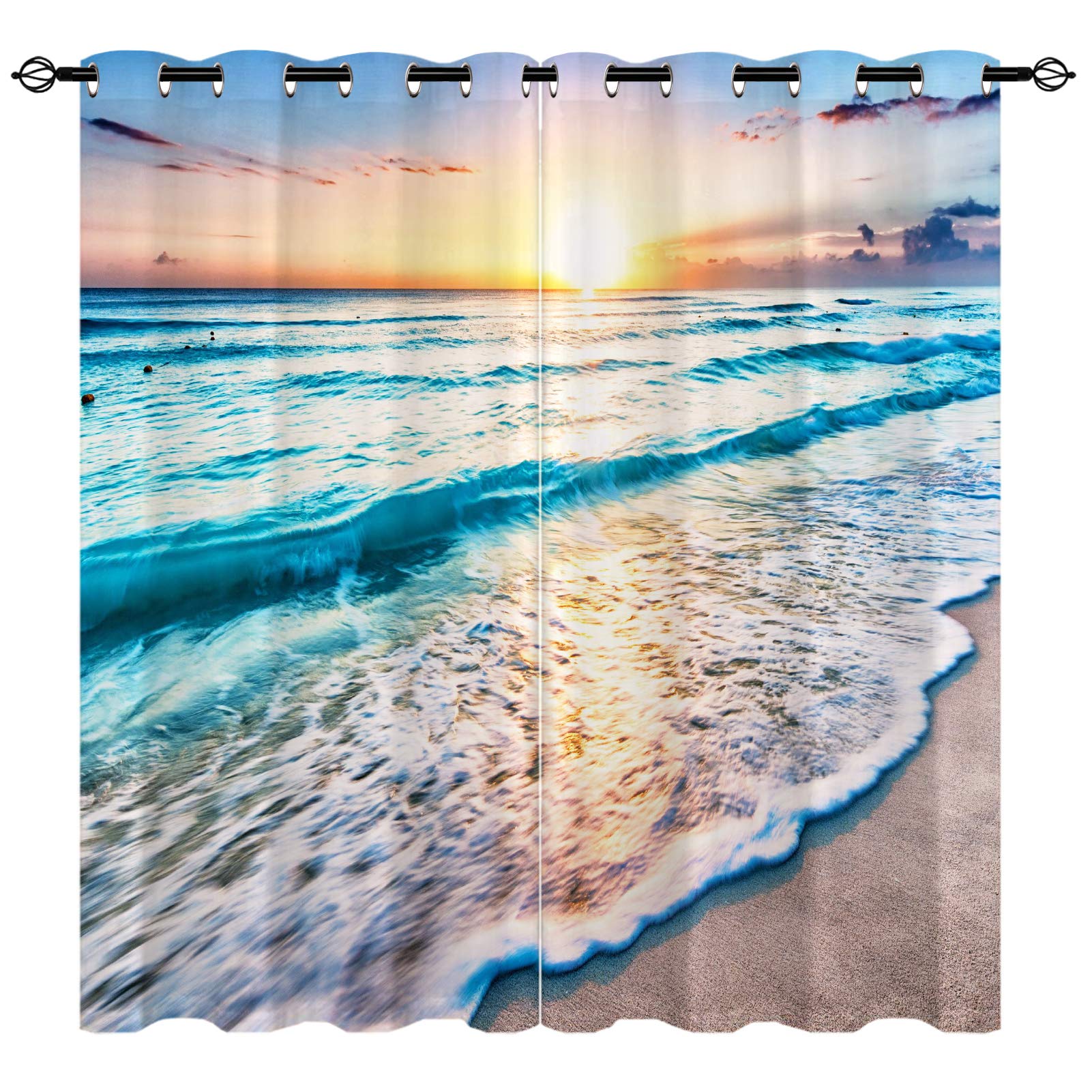 Yuanzu Multi 23 Beach Curtains, Tropical Sea Beach Ocean Hawaiian Sunset Sea Waves Scenery 3D Pattern, Blackout Fabric Eyelet Window Drapes For Living Room Bedroom W168cm (66") X D137cm (54") 2 Panels