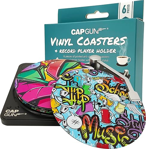 Miniatura 11 de Divertidos posavasos retro para discos de vinilo, juego de 6 posavasos creativos con soporte para tocadiscos de vinilo para amantes de la música,