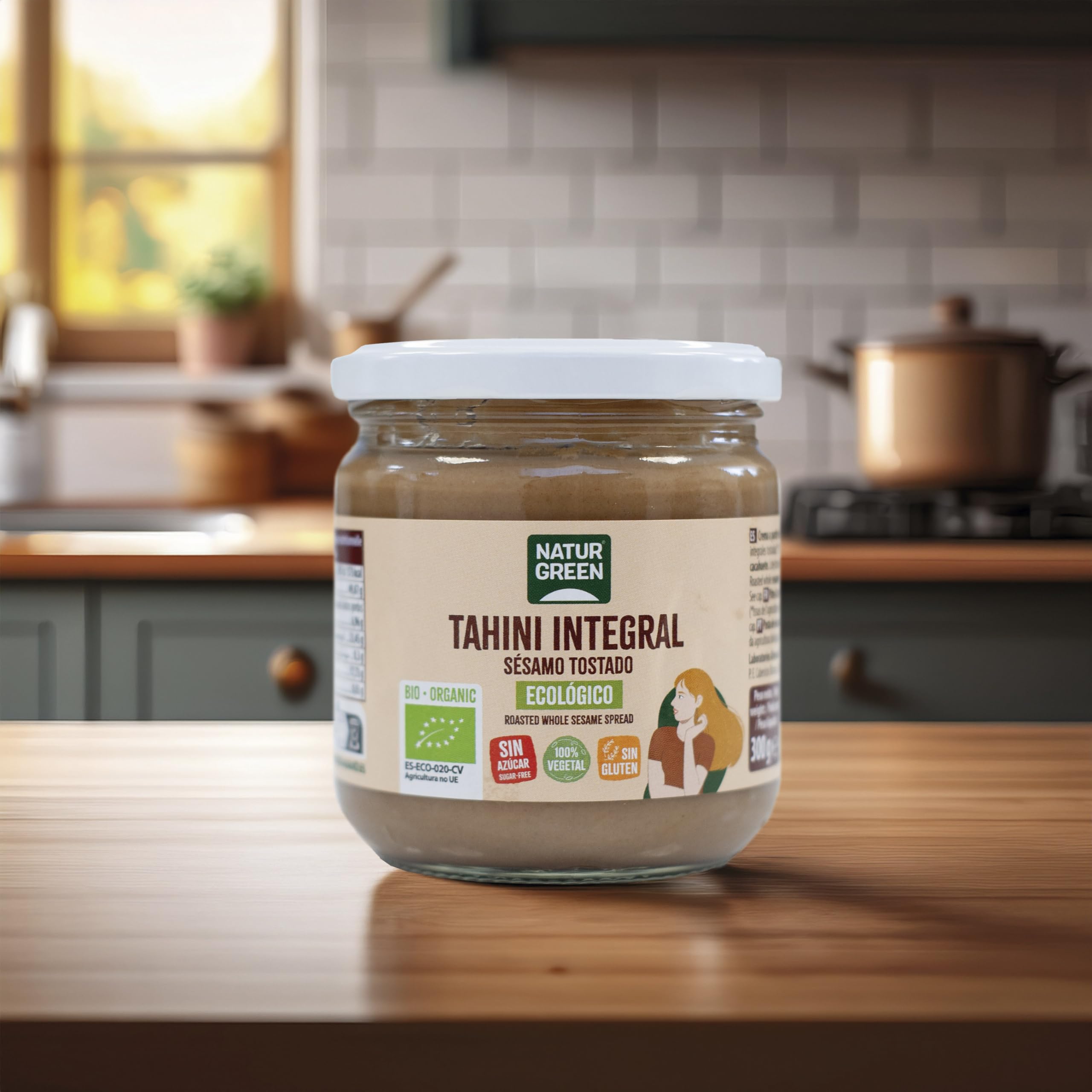 NaturGreen - Tahin de Sésamo Tostado Bio, Pack 6 x 300 g, Crema Integral 100% Natural, Sin Gluten, Vegana, Fuente de Proteína y Fibra, Sin Azúcares Añadidos, Ideal para Hummus y Untables