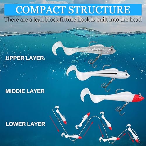 Miniatura 5 de Skylety 24 señuelos de pesca, señuelos de plástico suave para lubina, cabeza de jig, Swimbait, kit de aparejos de plástico suave realista para agua