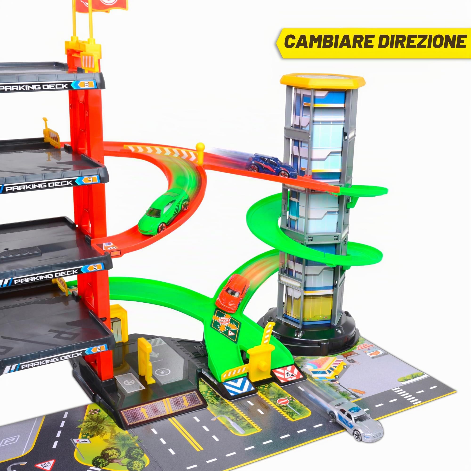 Dickie Toys - Parcheggio a 4 piani per bambini dai 3 anni (87 x 52 cm) con accessori - ampio parcheggio giocattolo su 5 livelli con ascensore, pista, auto giocattolo, elicottero, luce e suono