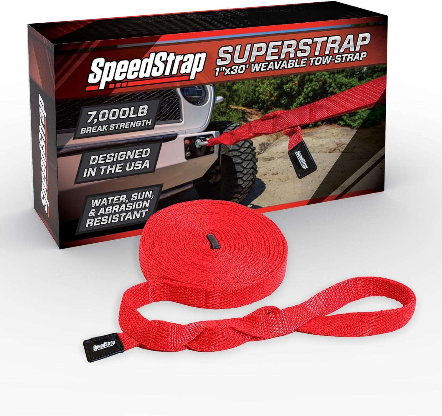 SpeedStrap SuperStrap Weavable Recovery Tow Strap 1" x 30' - Heavy Duty 7,000 lb Break Strength, Emergency Towing Rope for Offroad 4x4, Car, SUV, ATV, Boat