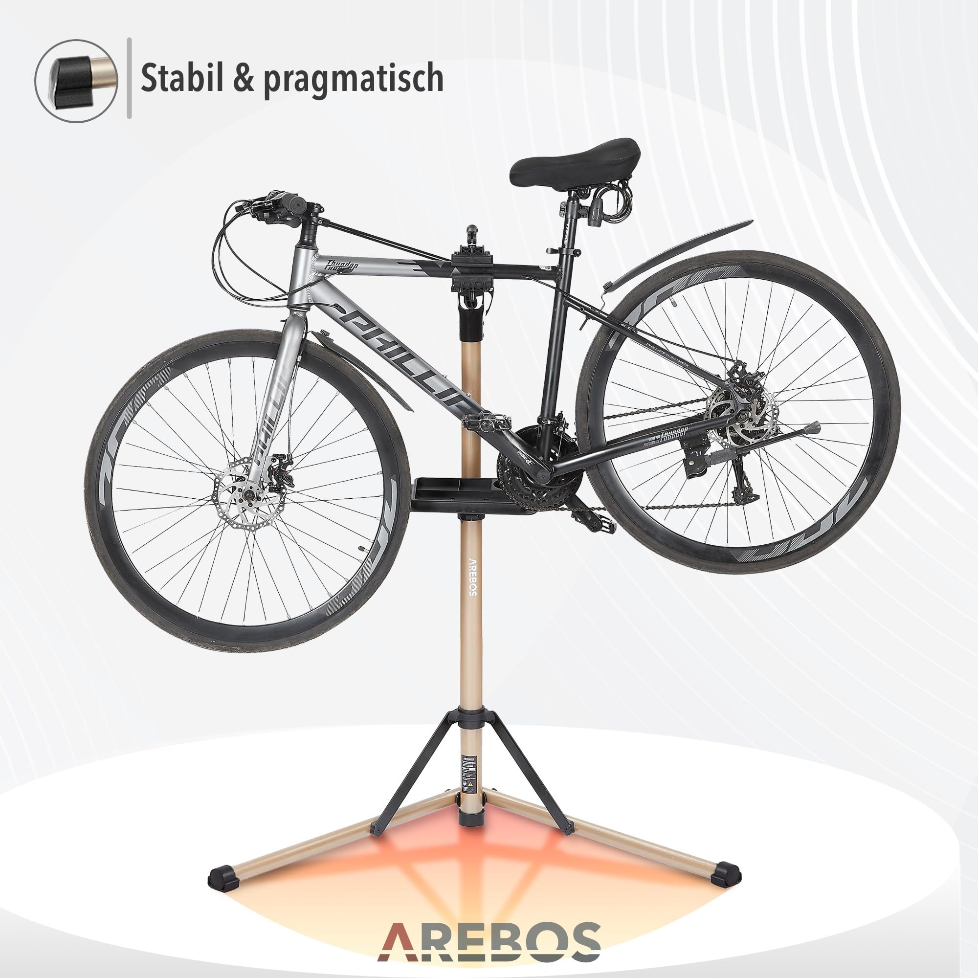 Arebos Fahrrad-Montageständer aus Aluminium – Profi Reparaturständer für E-Bike, Mountainbike & Fahrrad, 360° drehbar, mit Tasche und Schnellspannvorrichtung Champagner