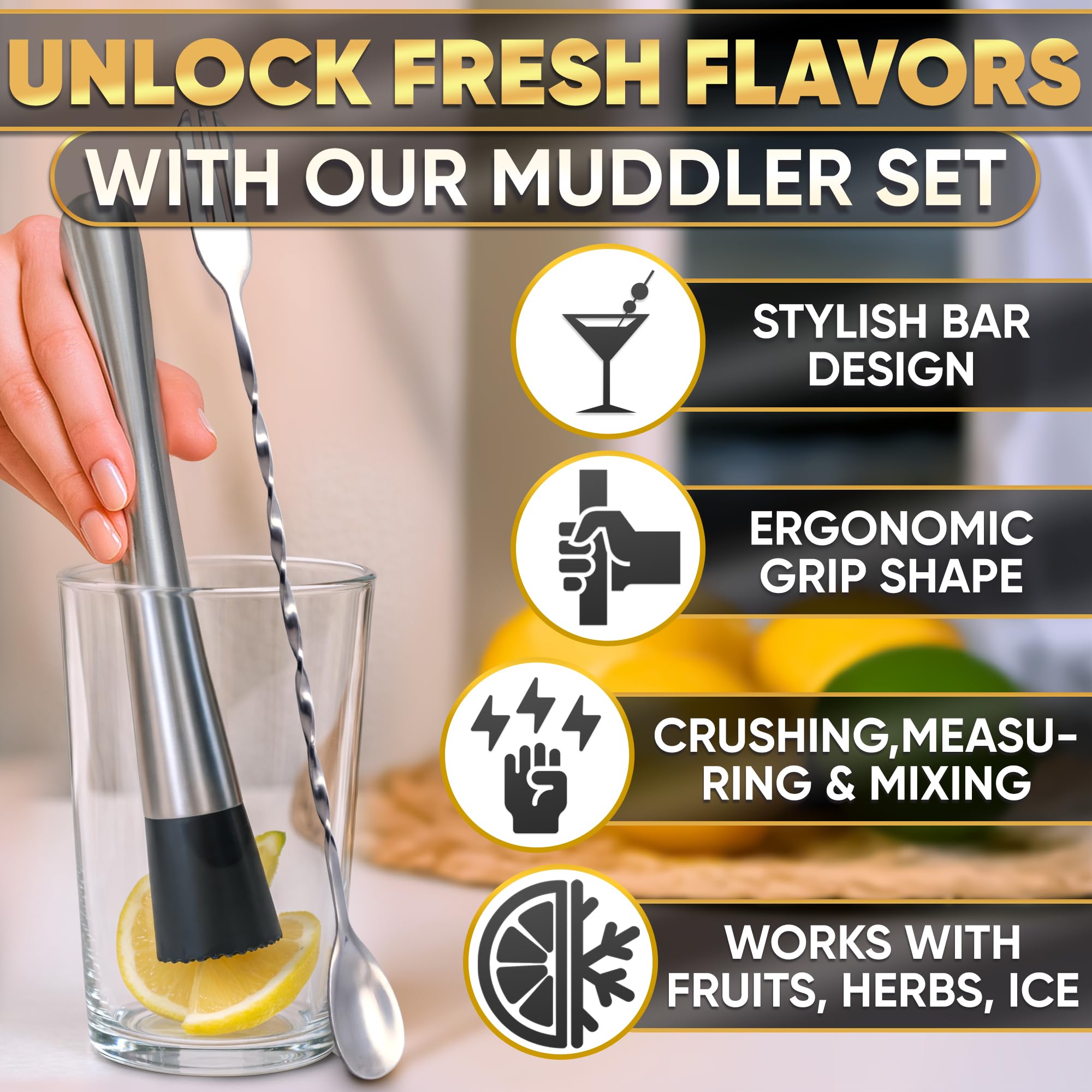 Cocktail Muddler Set - Stainless Steel, Spoon & Jigger -5 Cocktail Muddler Set - Stainless Steel, Spoon & Jigger -5