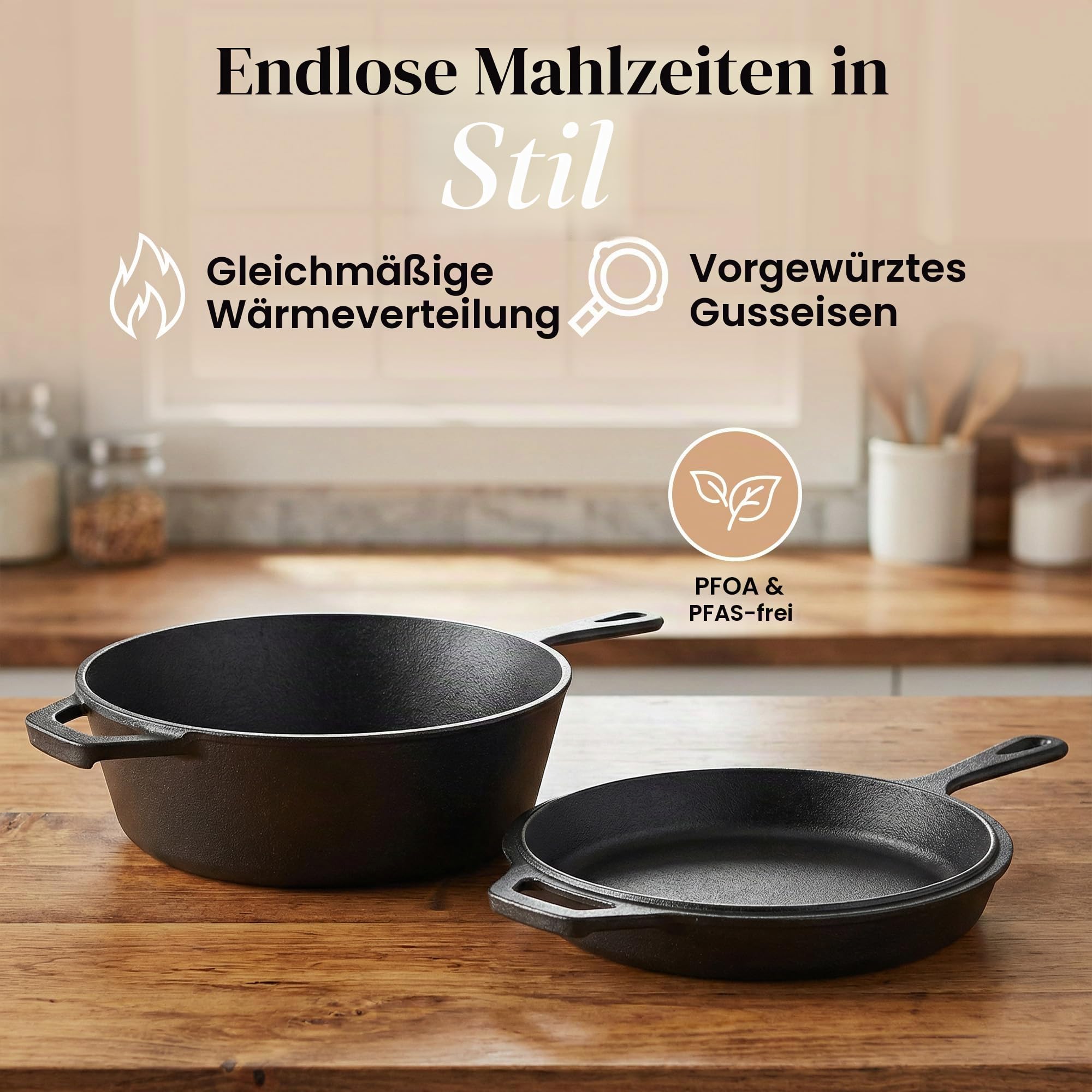 nuovva Vorgewürzter Dutch Oven Topf – Gusseiserne Bratpfanne & Grillplatte – 2-in-1 Kombi-Kocher mit Deckel – 3,2 Quart Dutch Oven, 10,25 Zoll Bratpfanne
