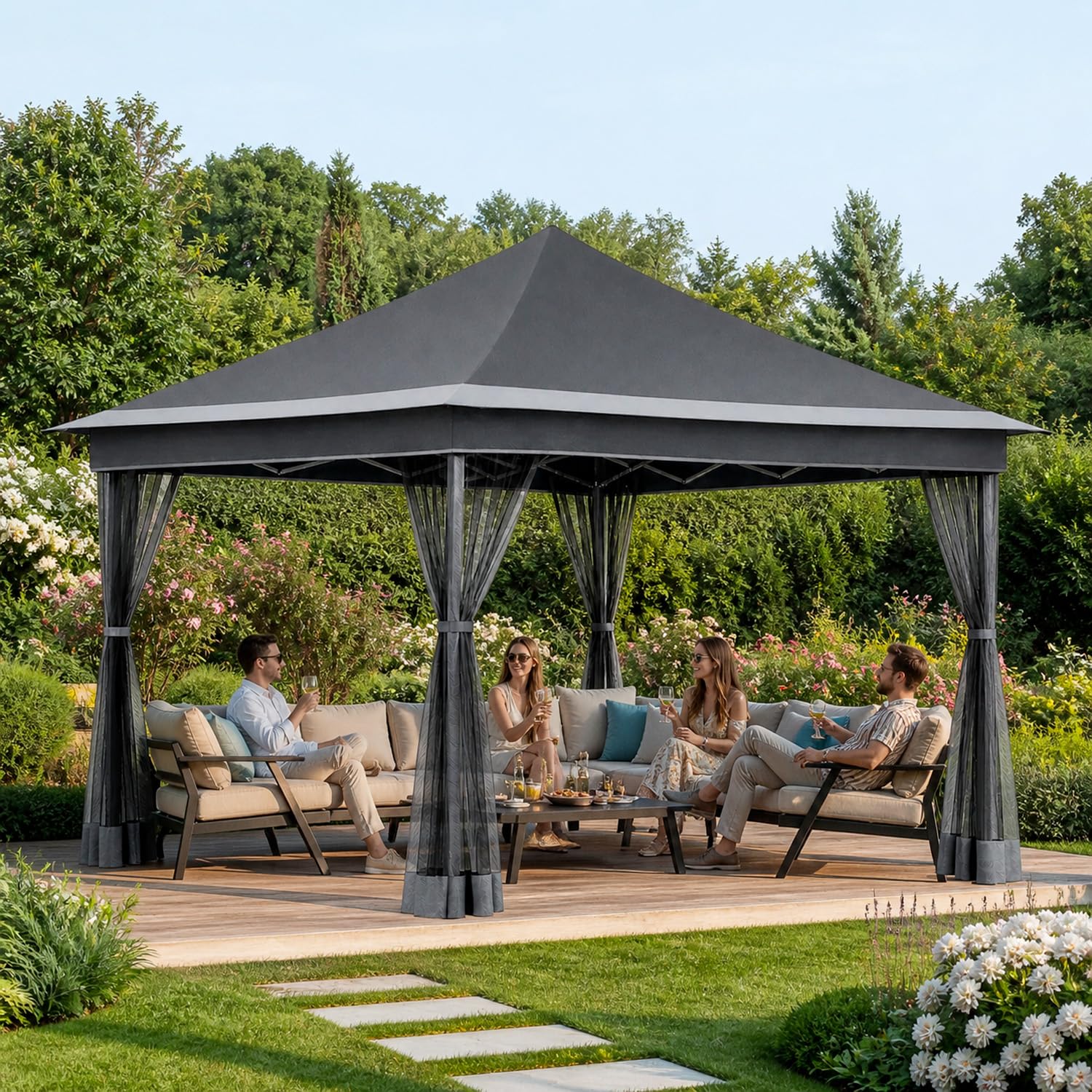 Gazebo Pieghevole Da Giardino Con Zanzariere Laterali Copertura Oxford UV50+ Struttura Regolabile Pop Up Con Borsa Trasporto Per Eventi Outdoor 360 x 360 x 310 Cm Bianco
