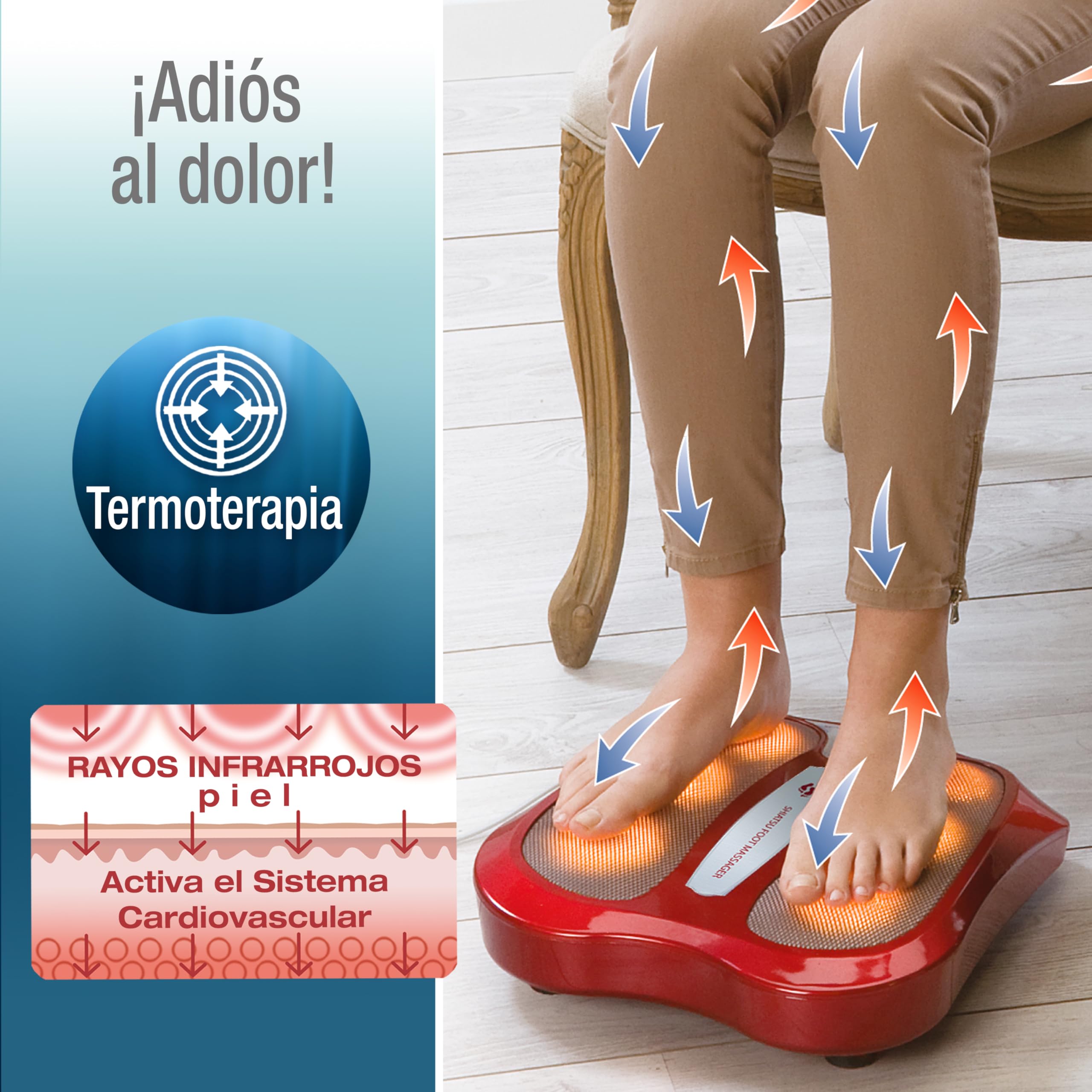 Masajeador de Pies SHIATSU SALUD Con 3 Terapias profesionales Shiatsu, Reflexología Podal y Termoterapia Alivia el dolor de pies, la pesadez de piernas y mejora la salud general Fácil, eficaz, seguro